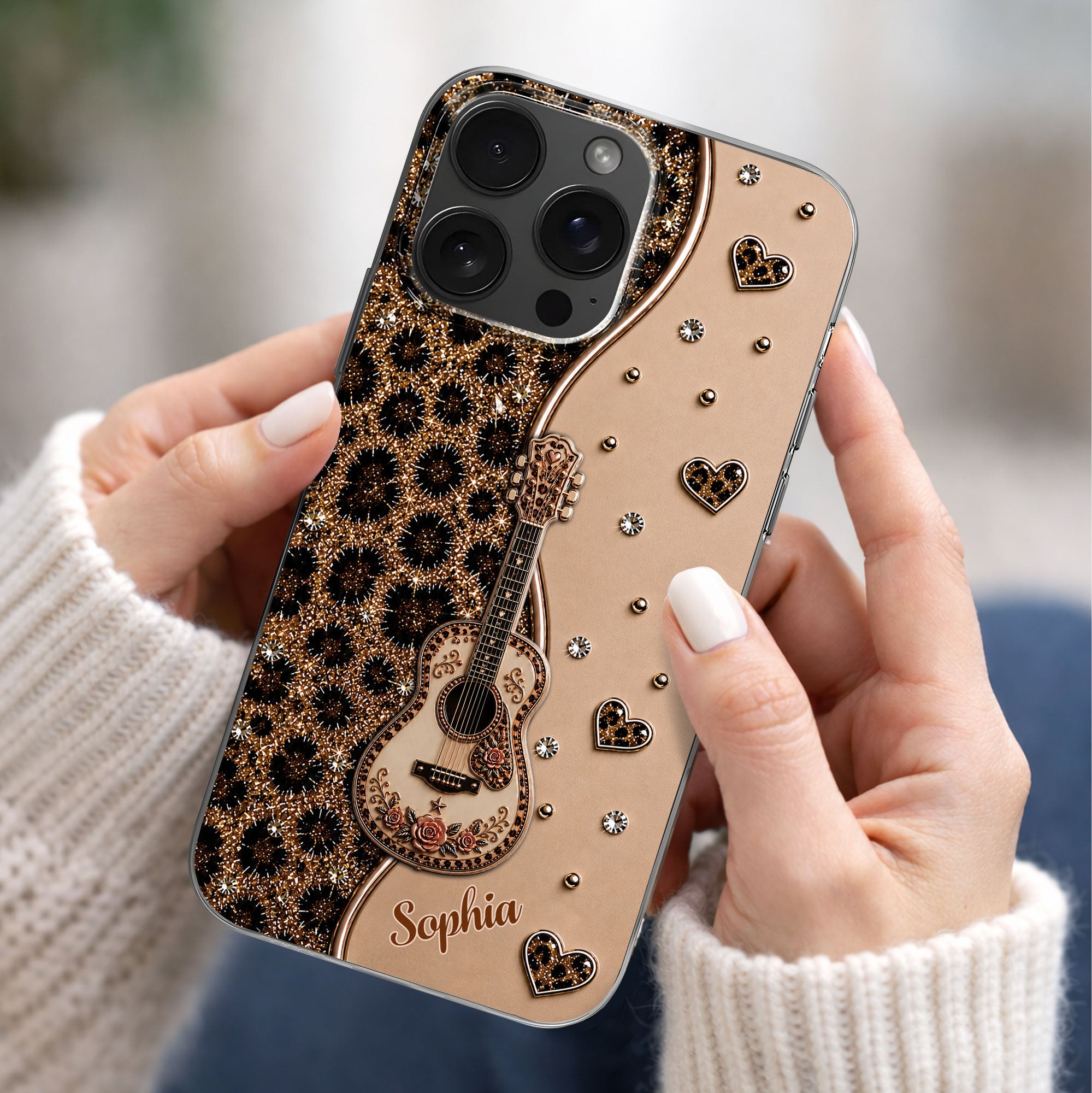 Personalized Clear Phone Case with Guitar & Leopard Print for Music Lovers Clear Phone Case GradoCreations