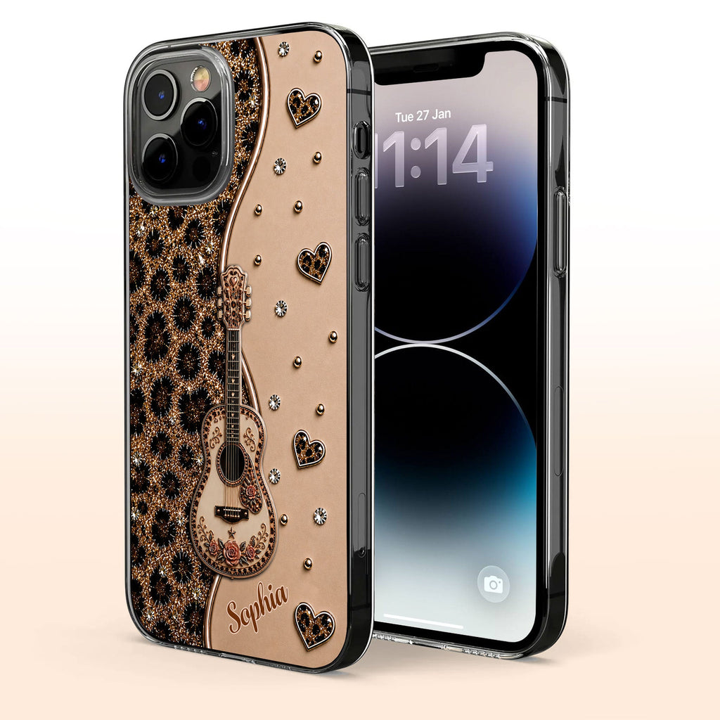 Personalized Clear Phone Case with Guitar & Leopard Print for Music Lovers Clear Phone Case GradoCreations