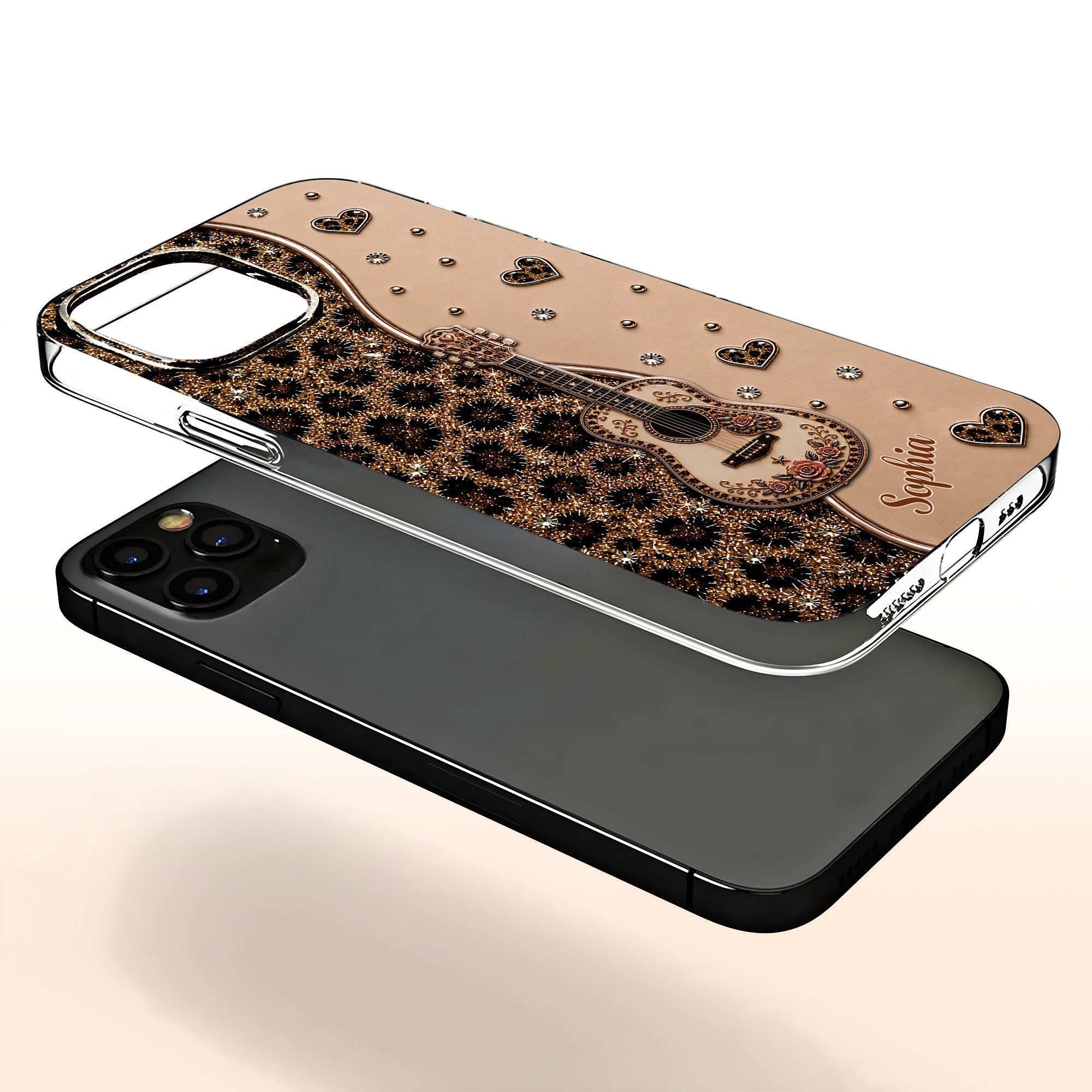 Personalized Clear Phone Case with Guitar & Leopard Print for Music Lovers Clear Phone Case GradoCreations