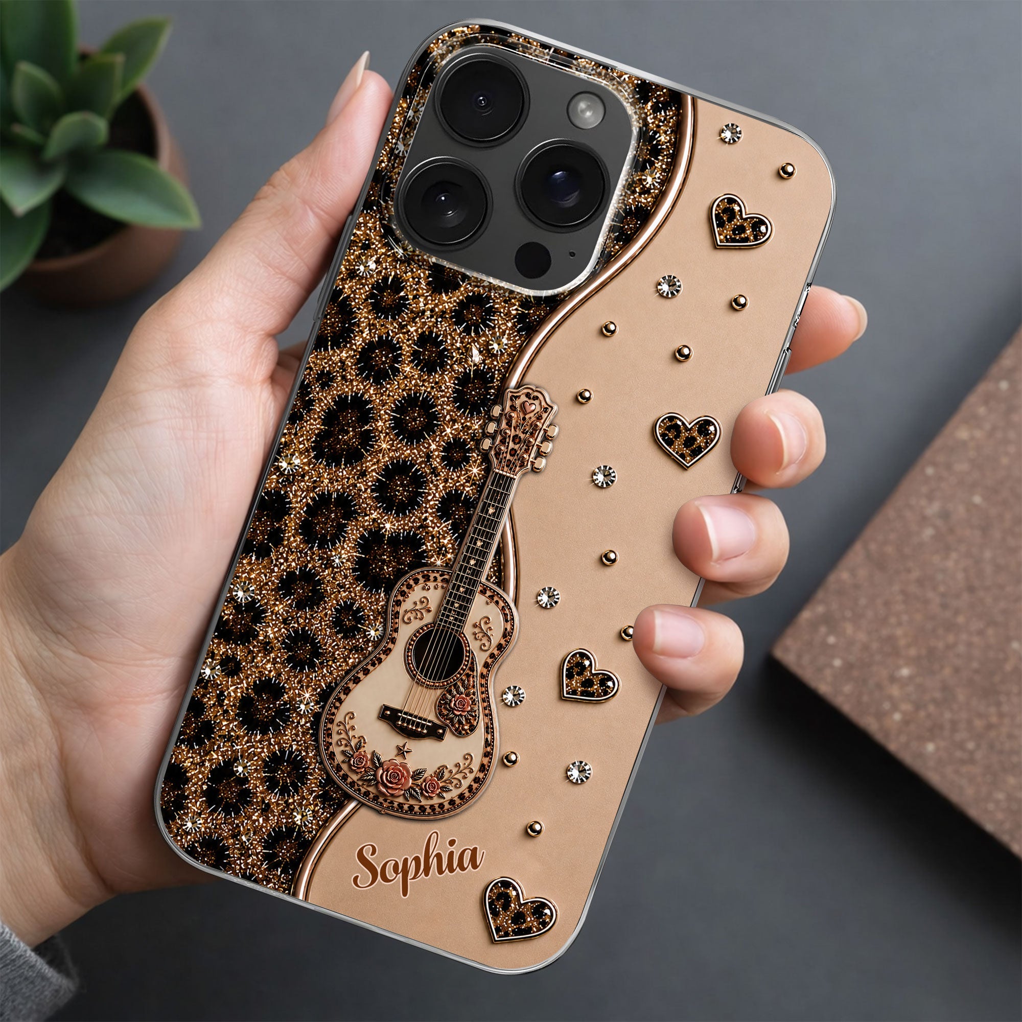 Personalized Clear Phone Case with Guitar & Leopard Print for Music Lovers Clear Phone Case GradoCreations
