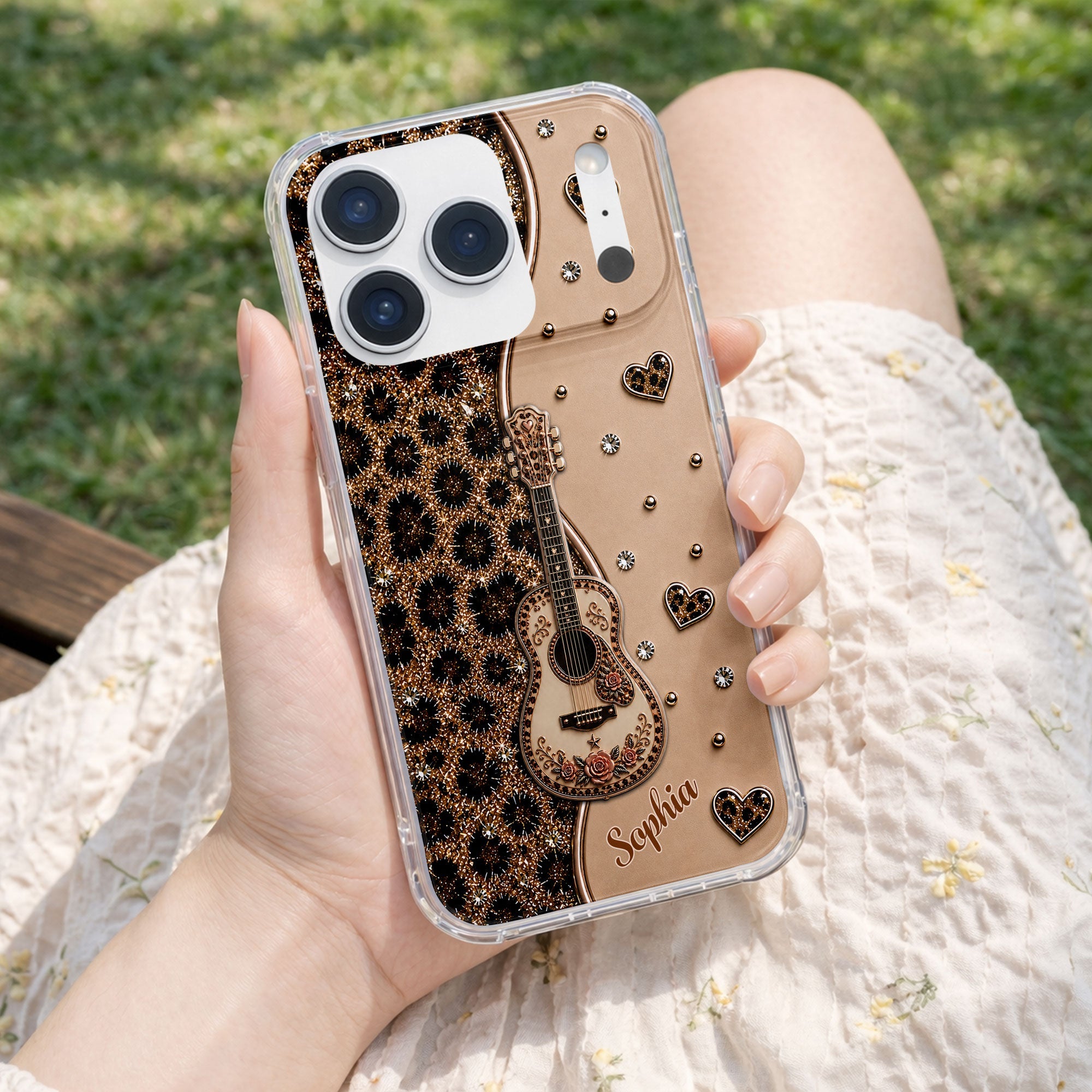 Personalized Clear Phone Case with Guitar & Leopard Print for Music Lovers Clear Phone Case GradoCreations