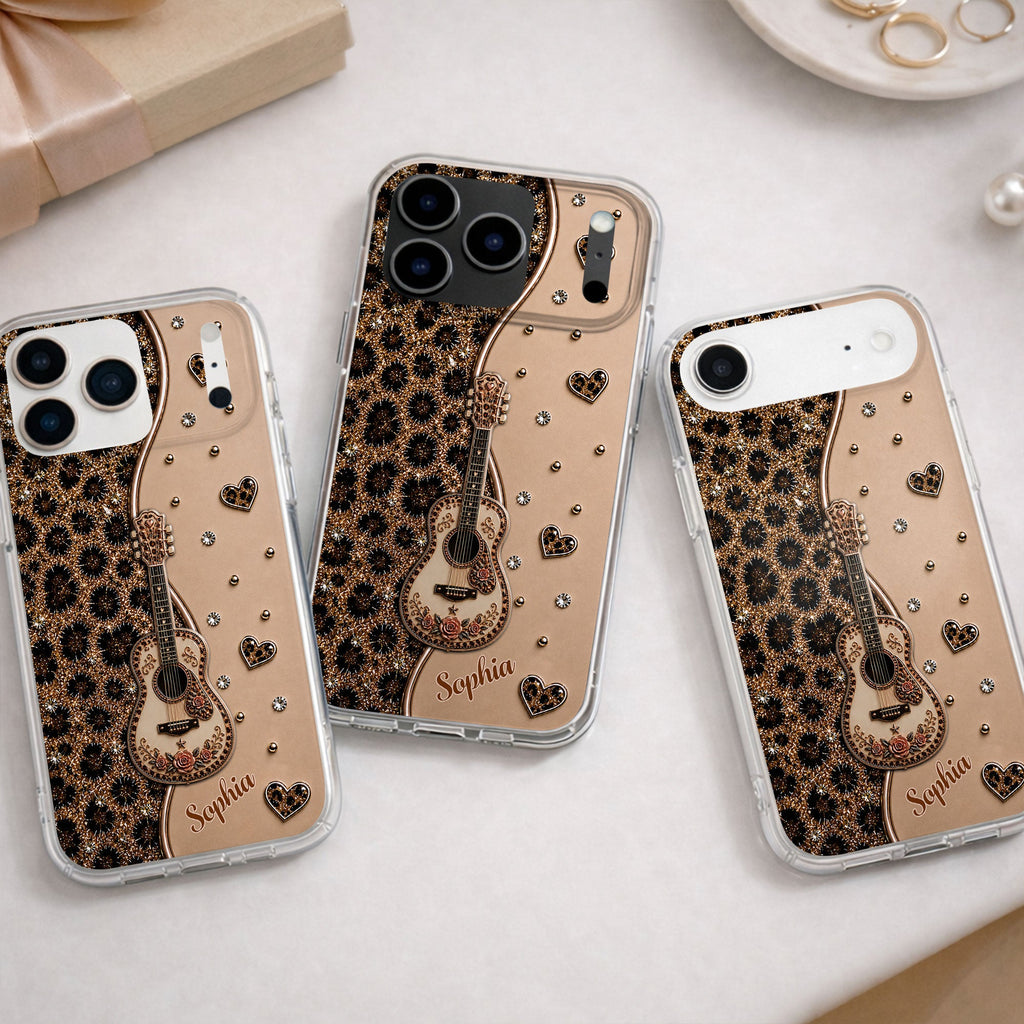 Personalized Clear Phone Case with Guitar & Leopard Print for Music Lovers Clear Phone Case GradoCreations