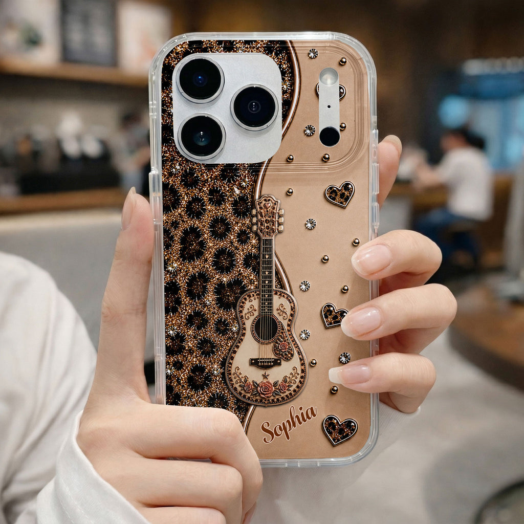 Personalized Clear Phone Case with Guitar & Leopard Print for Music Lovers Clear Phone Case GradoCreations