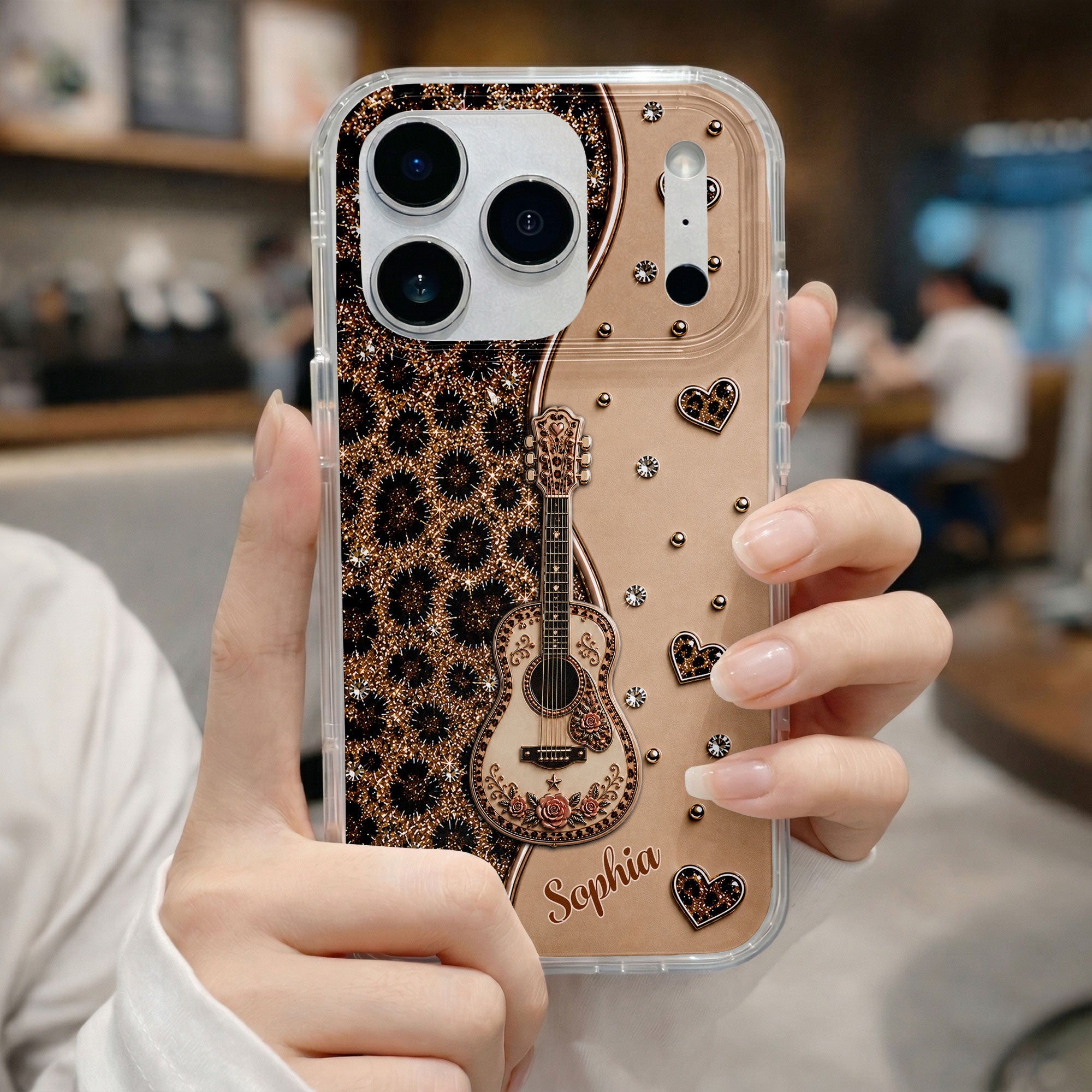 Personalized Clear Phone Case with Guitar & Leopard Print for Music Lovers Clear Phone Case GradoCreations
