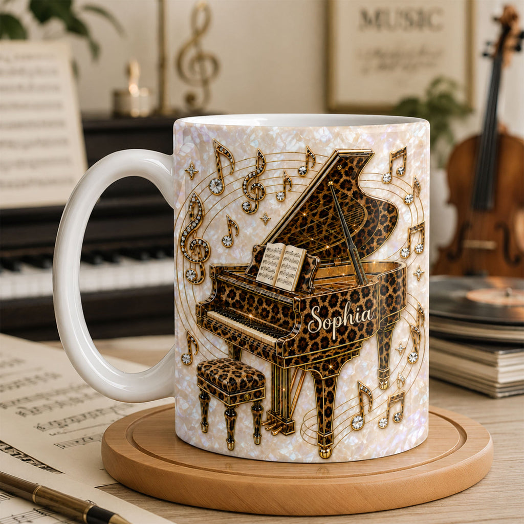 Personalized Leopard Pattern Grand Piano Mug Custom Gift for Music Lovers Edge-to-edge Mug GradoCreations