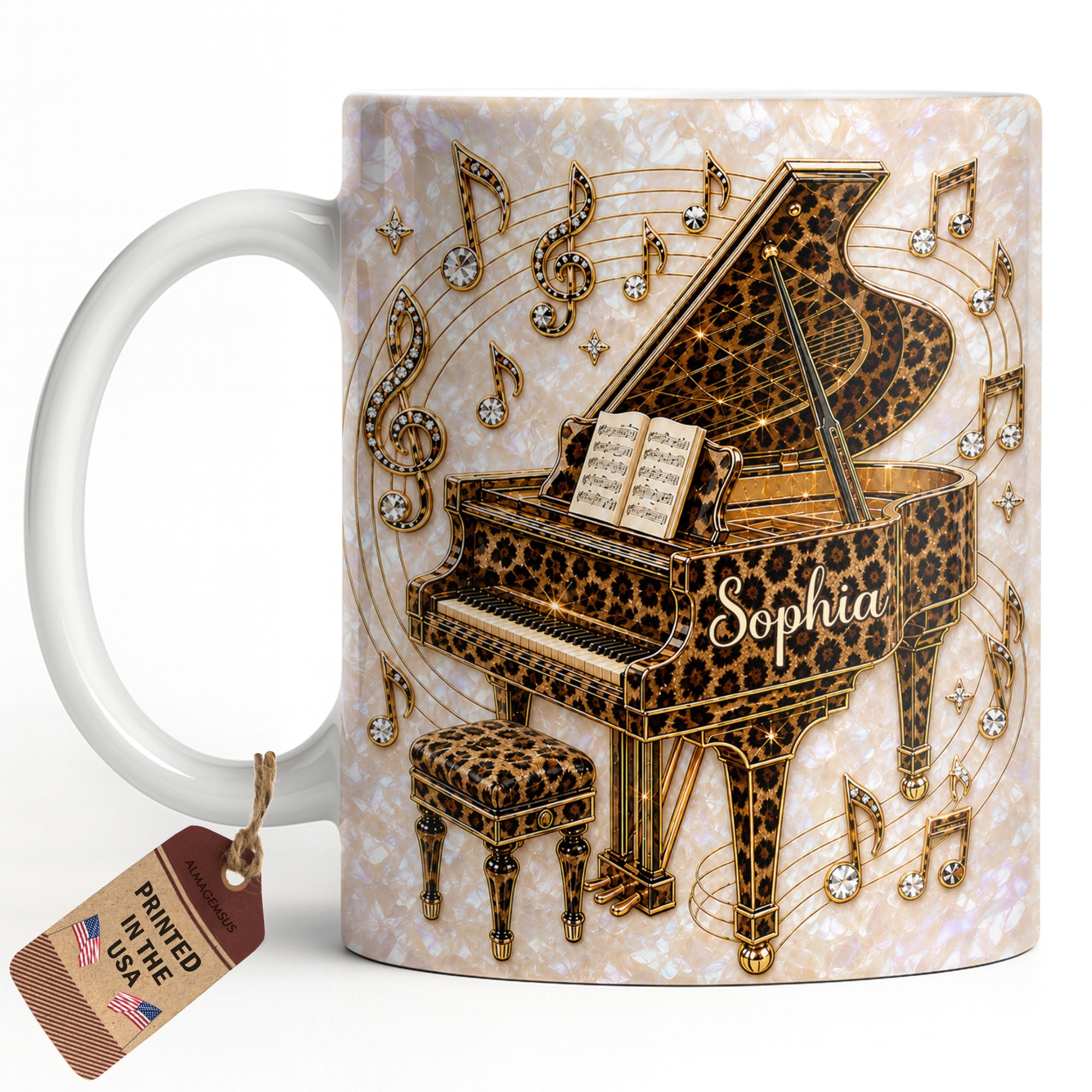 Personalized Leopard Pattern Grand Piano Mug Custom Gift for Music Lovers Edge-to-edge Mug GradoCreations