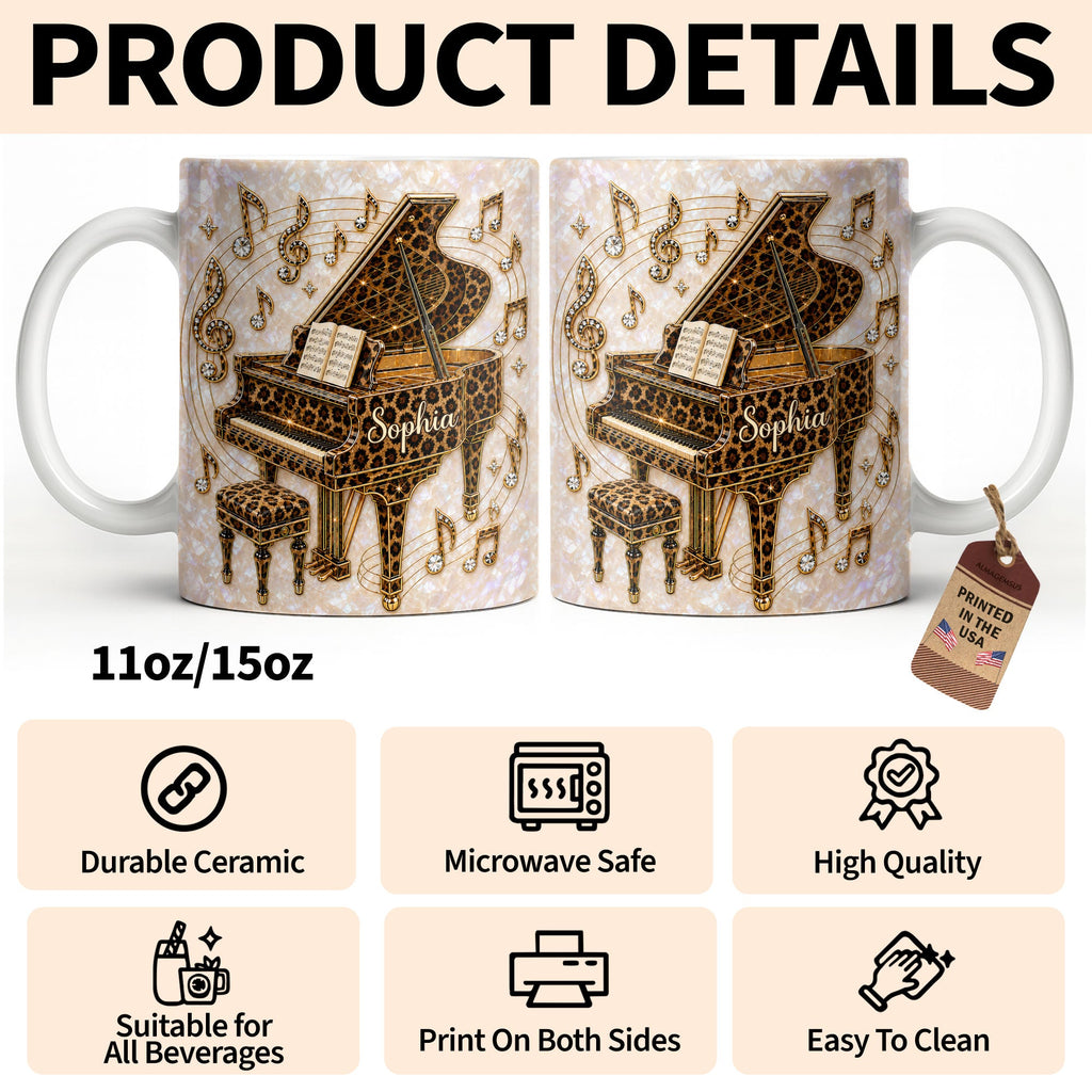 Personalized Leopard Pattern Grand Piano Mug Custom Gift for Music Lovers Edge-to-edge Mug GradoCreations