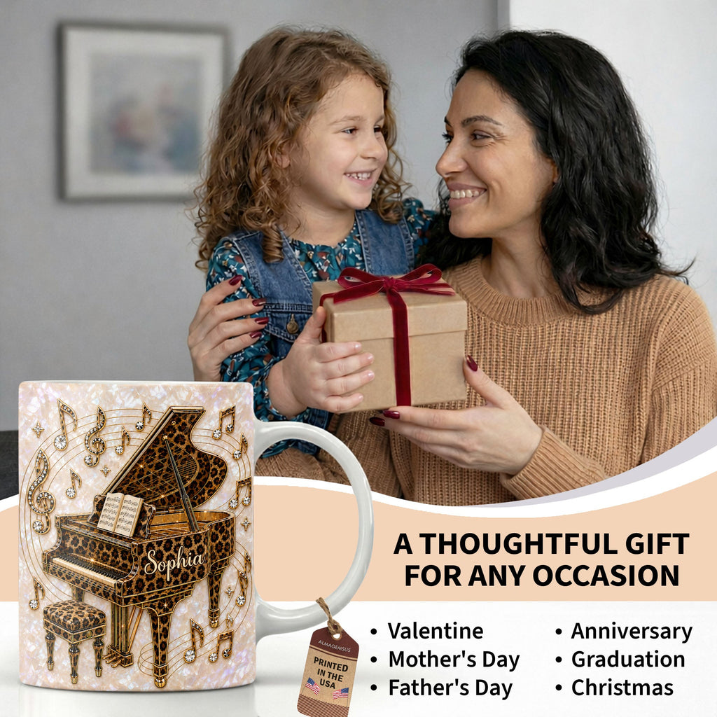 Personalized Leopard Pattern Grand Piano Mug Custom Gift for Music Lovers Edge-to-edge Mug GradoCreations