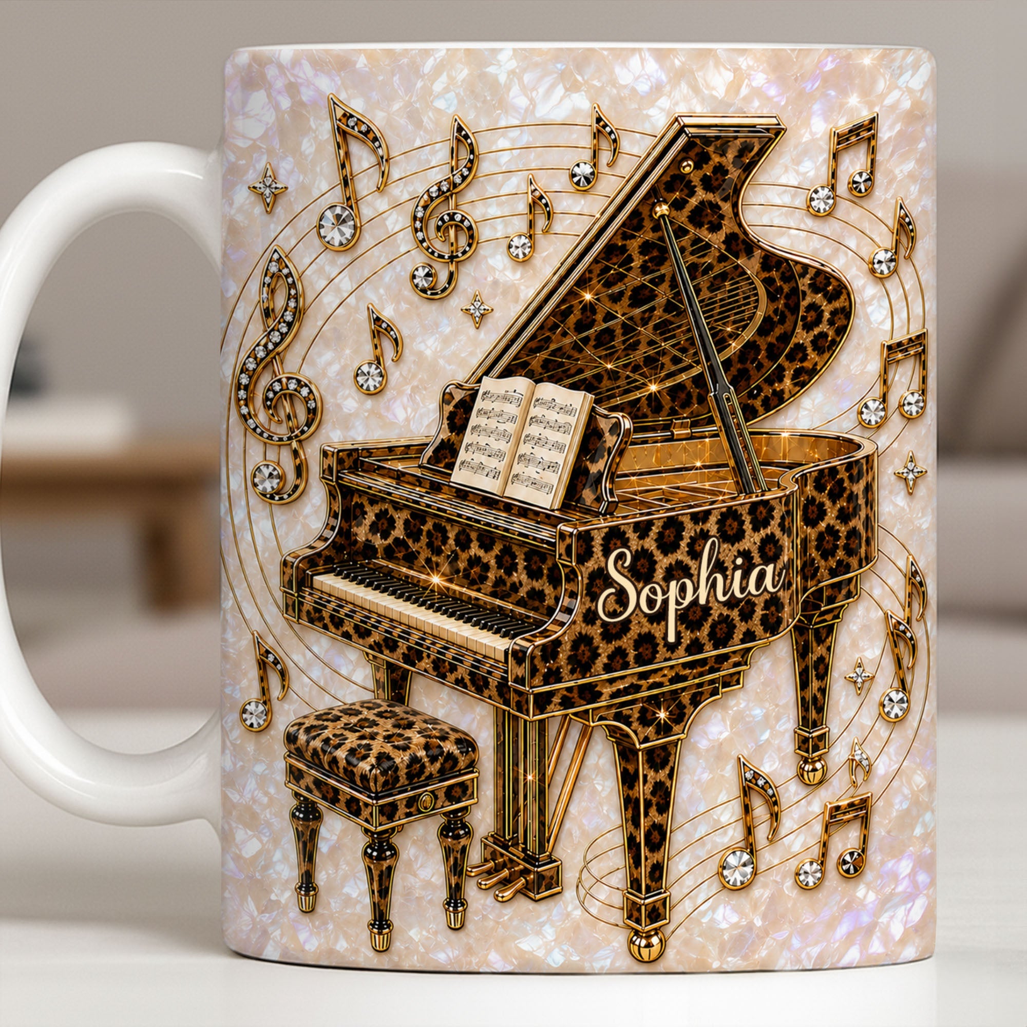 Personalized Leopard Pattern Grand Piano Mug Custom Gift for Music Lovers Edge-to-edge Mug GradoCreations