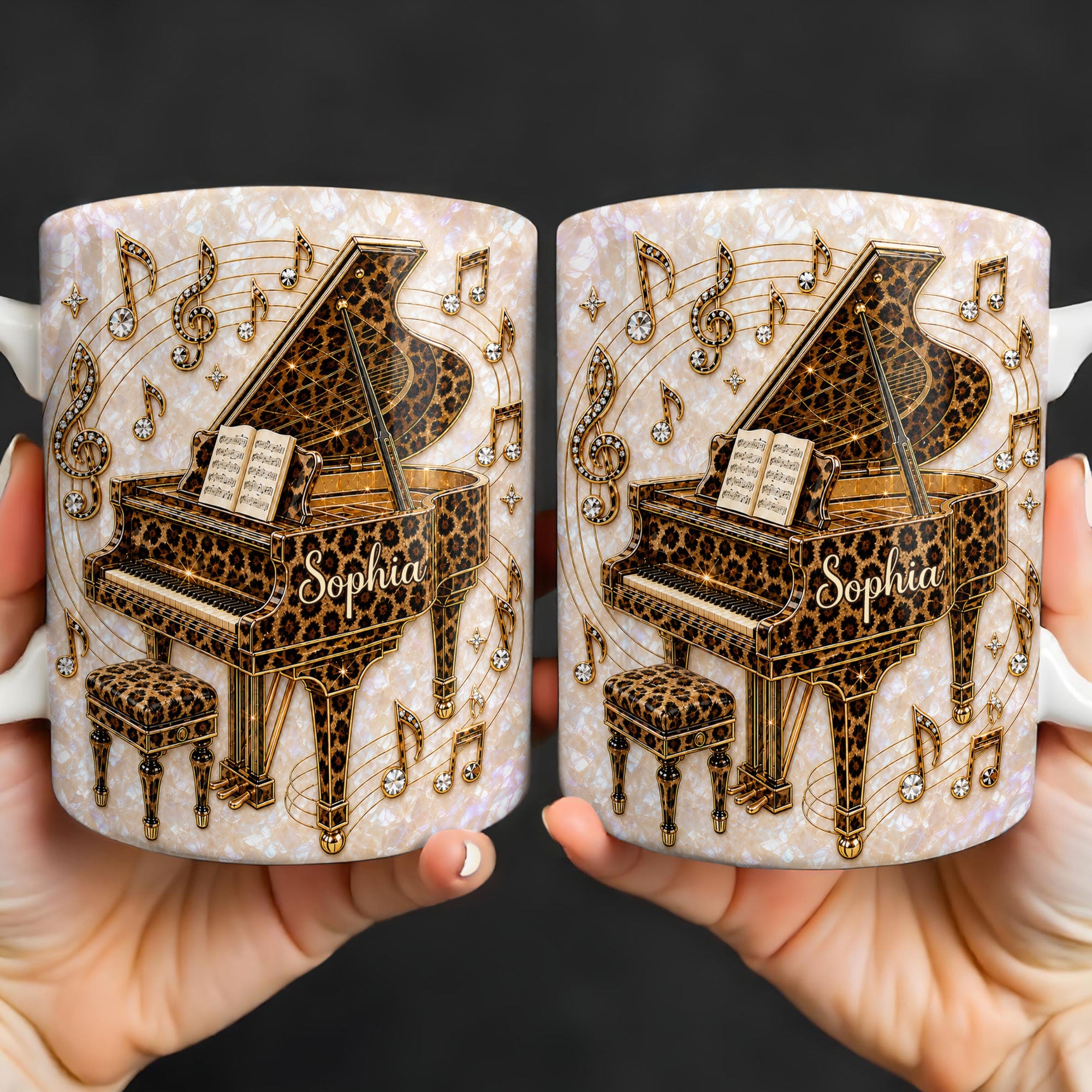 Personalized Leopard Pattern Grand Piano Mug Custom Gift for Music Lovers Edge-to-edge Mug GradoCreations