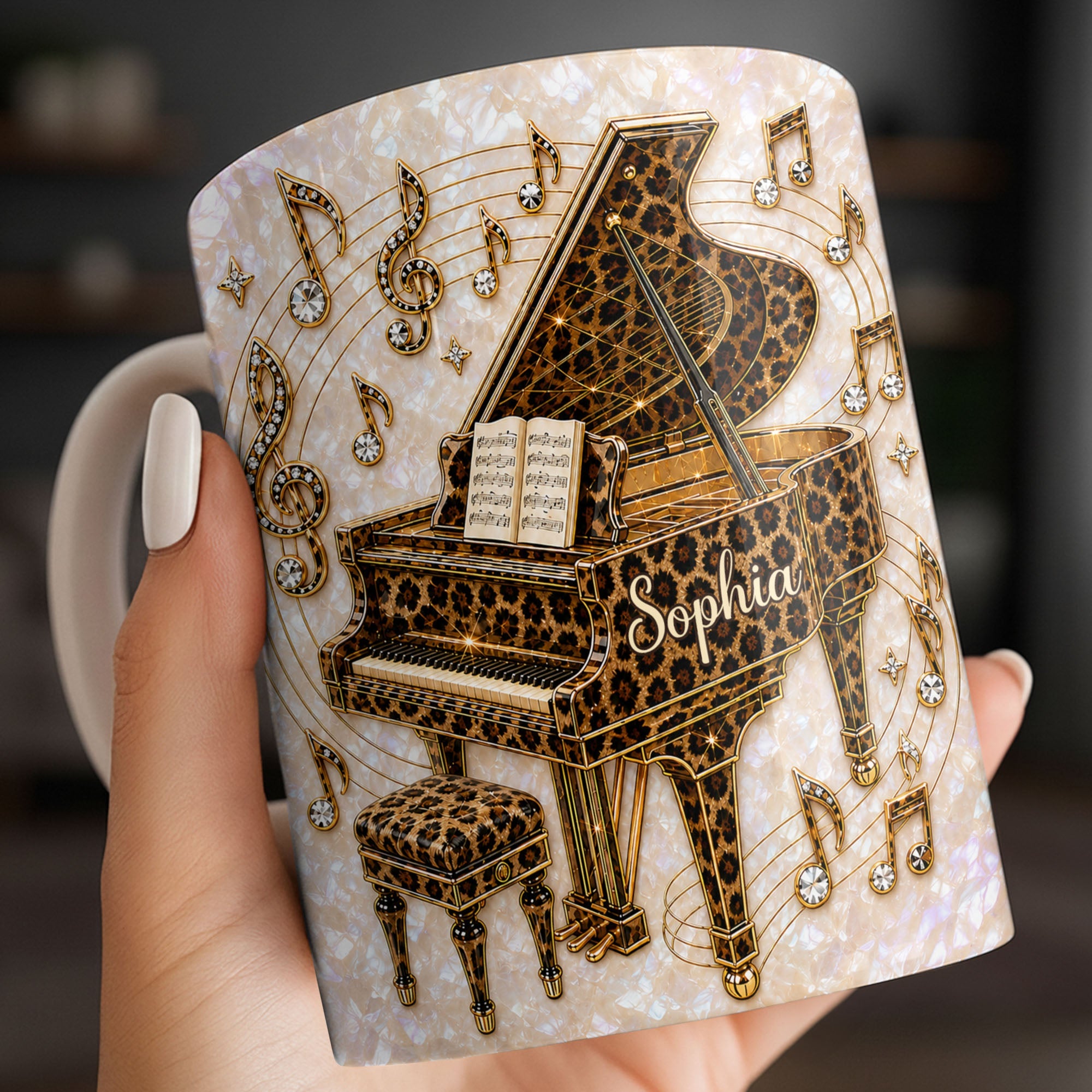 Personalized Leopard Pattern Grand Piano Mug Custom Gift for Music Lovers Edge-to-edge Mug GradoCreations