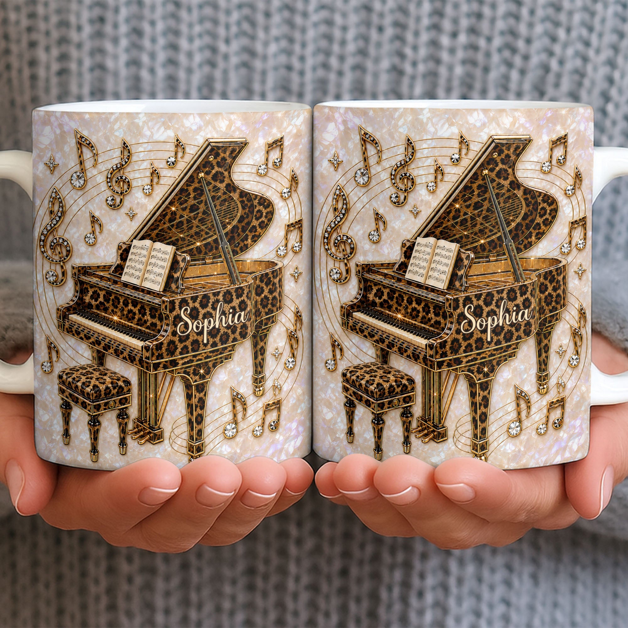 Personalized Leopard Pattern Grand Piano Mug Custom Gift for Music Lovers Edge-to-edge Mug GradoCreations