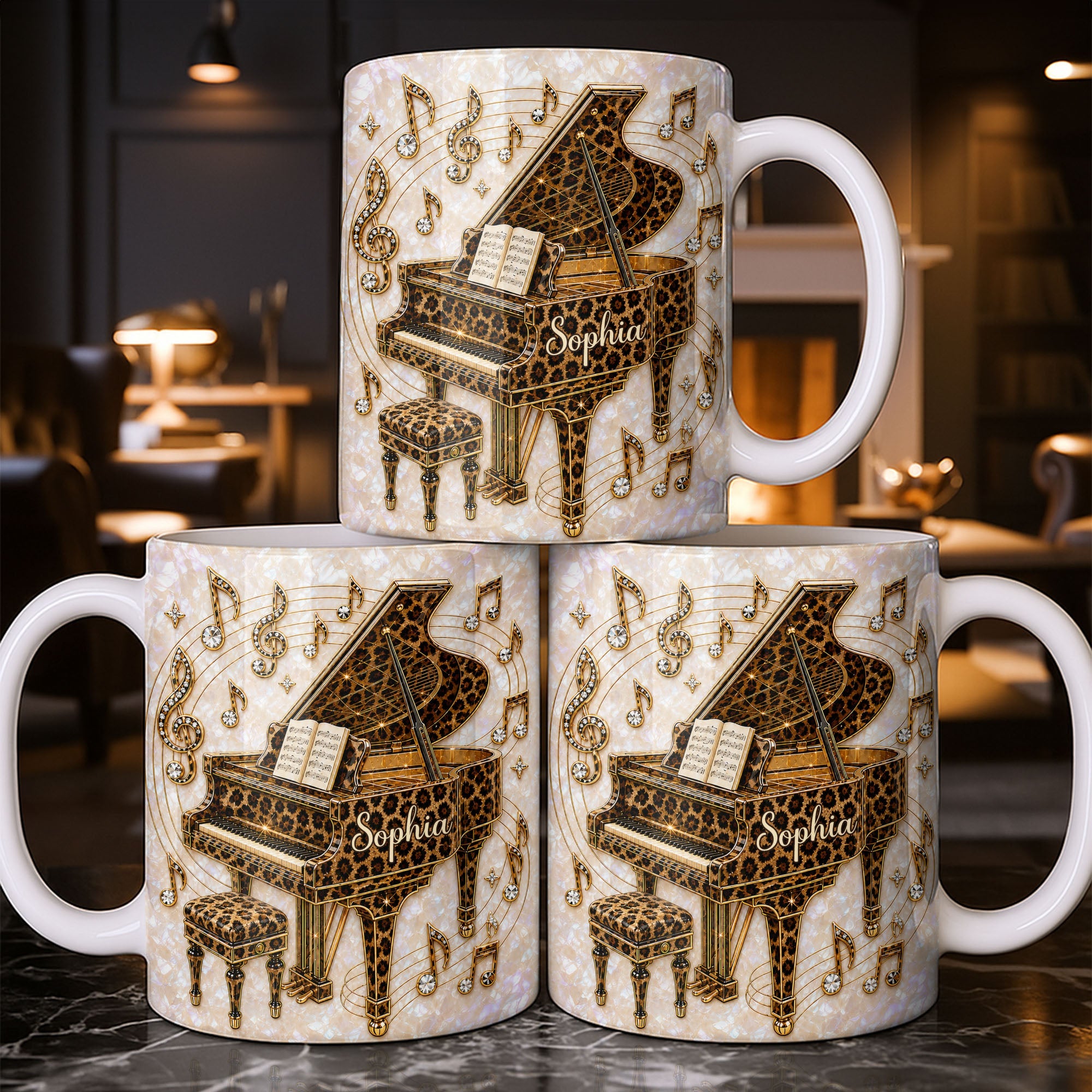 Personalized Leopard Pattern Grand Piano Mug Custom Gift for Music Lovers Edge-to-edge Mug GradoCreations