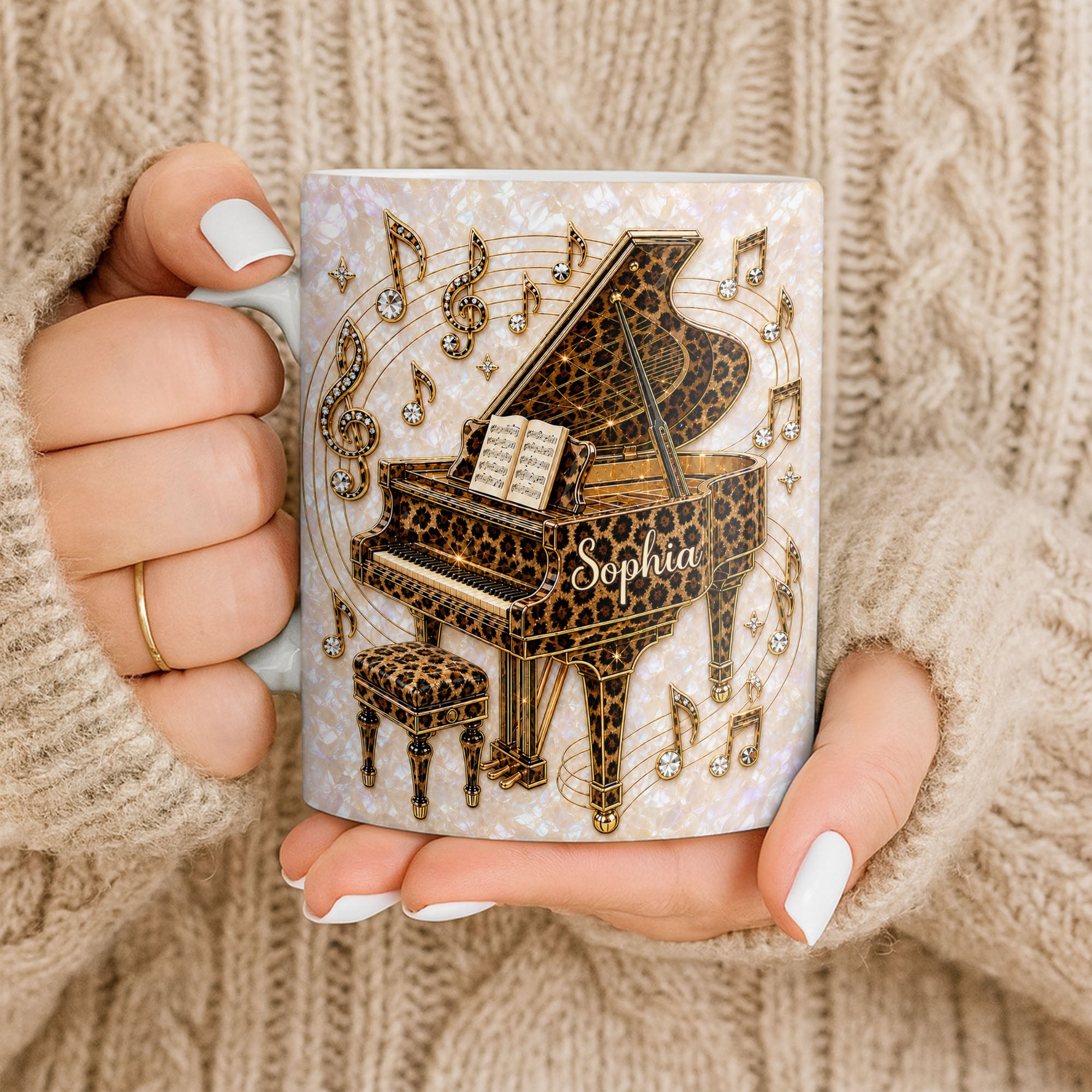 Personalized Leopard Pattern Grand Piano Mug Custom Gift for Music Lovers Edge-to-edge Mug GradoCreations