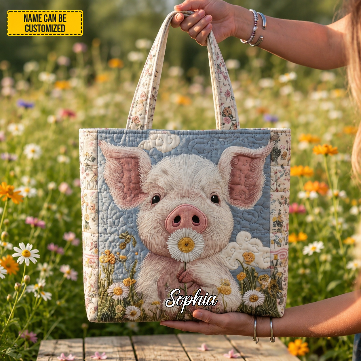 Personalized Cute Farm Piglet Quilted Tote Bag Gift for Her