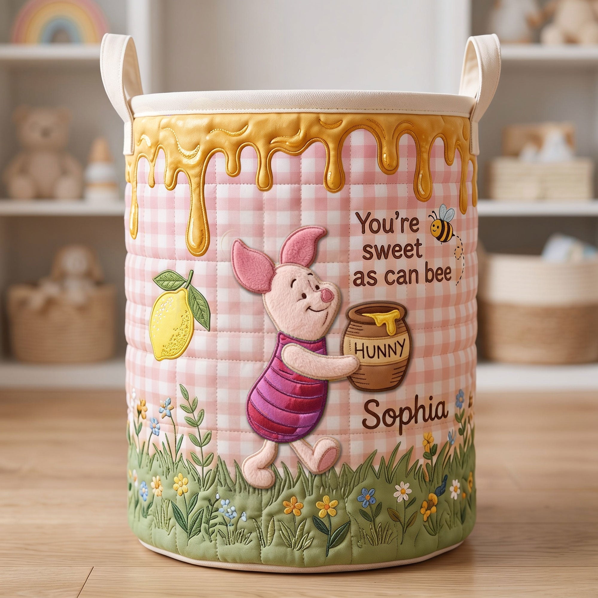 Personalized Quilted Laundry Basket Cute Honey Bear Design Gift for Mom