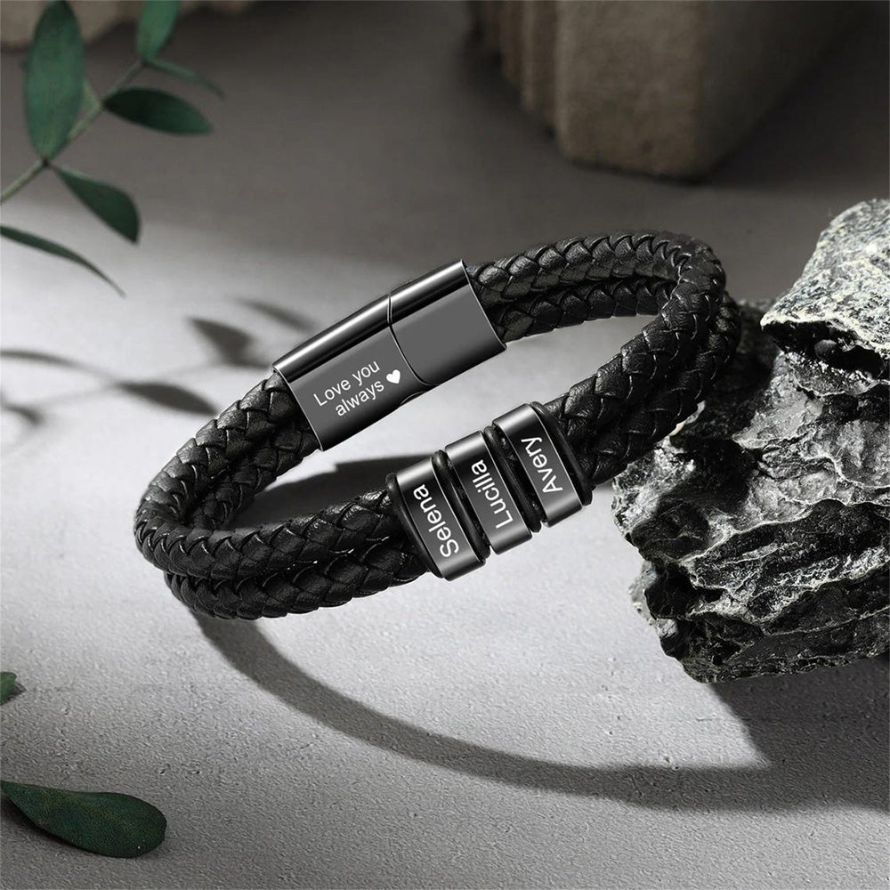 Personalized Leather Bracelet with Engraved Kid Names Gift for Dad HN590 - Leather Bracelet fix GradoCreations
