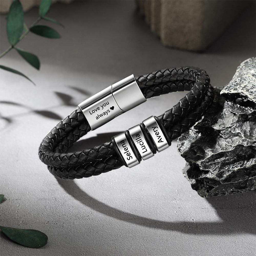 Personalized Leather Bracelet with Engraved Kid Names Gift for Dad HN590 - Leather Bracelet fix GradoCreations