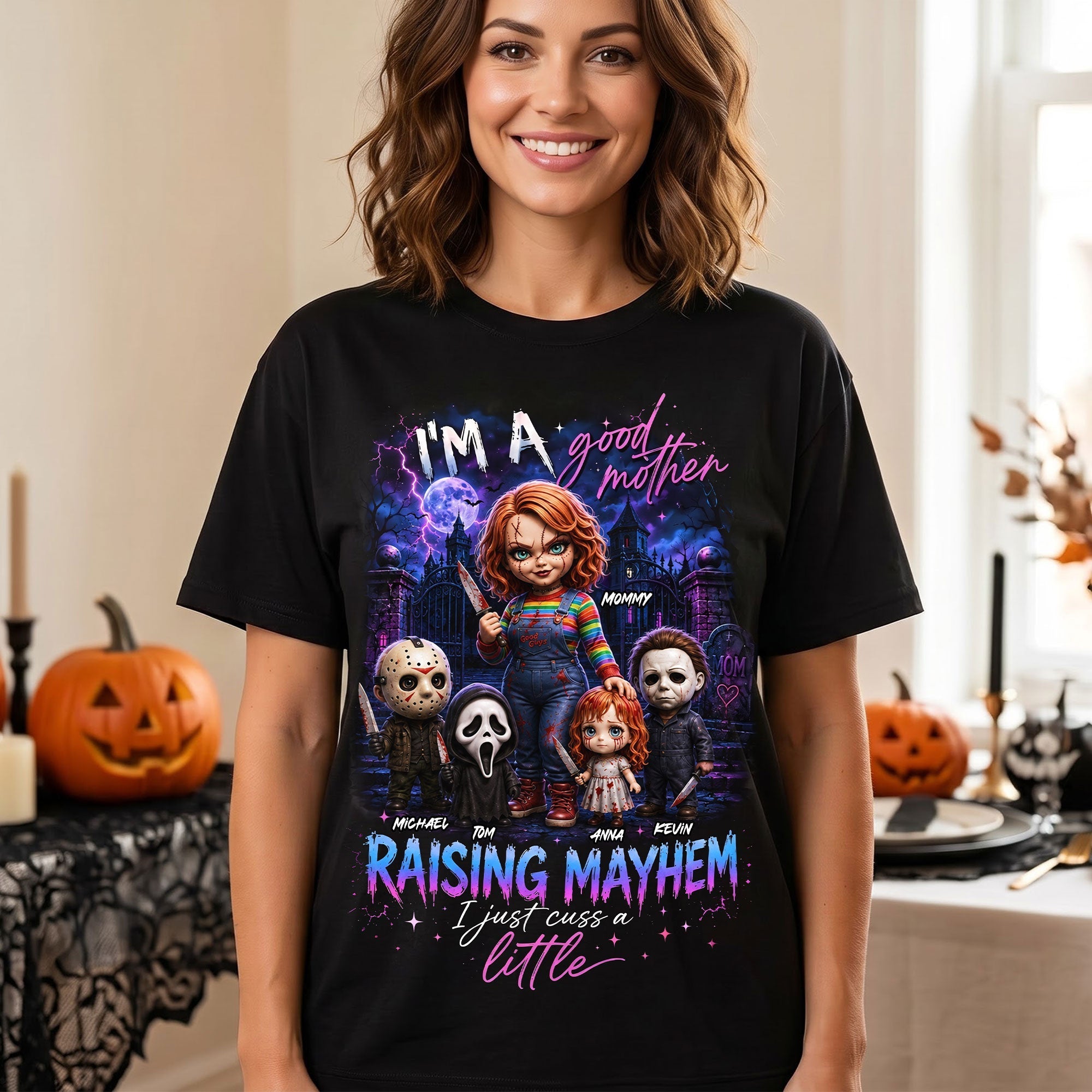 Personalized Halloween Shirt for Mom Raising Mayhem Characters Gift Cotton Apparel GradoCreations