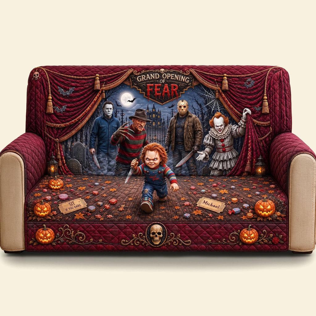 Personalized Halloween Quilted Sofa Cover Custom Name Gift for Horror Lover Quited Sofa Cover GradoCreations