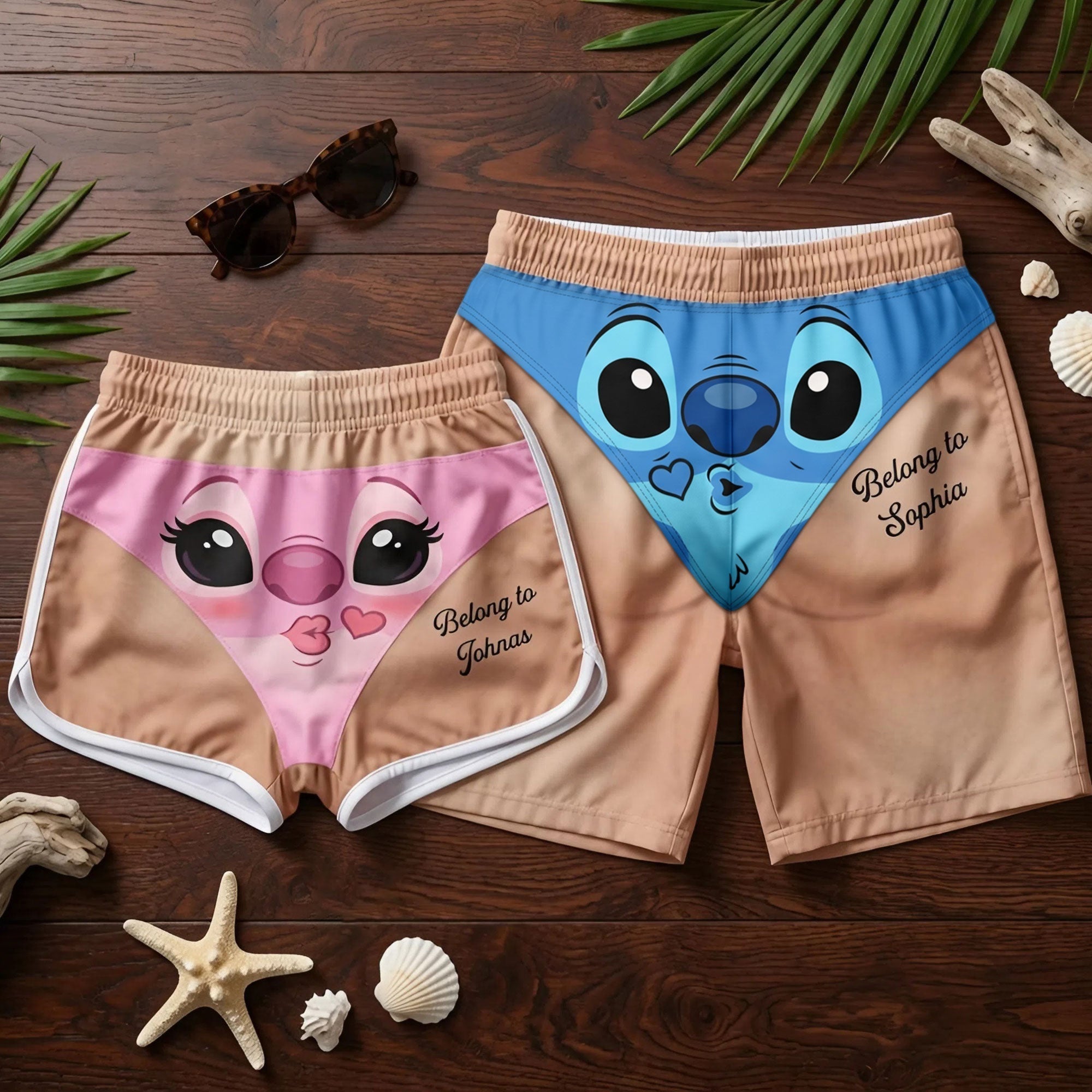 Personalized Funny Blue Alien Couple Swimwear Beach Shorts Couple Beach Short GradoCreations