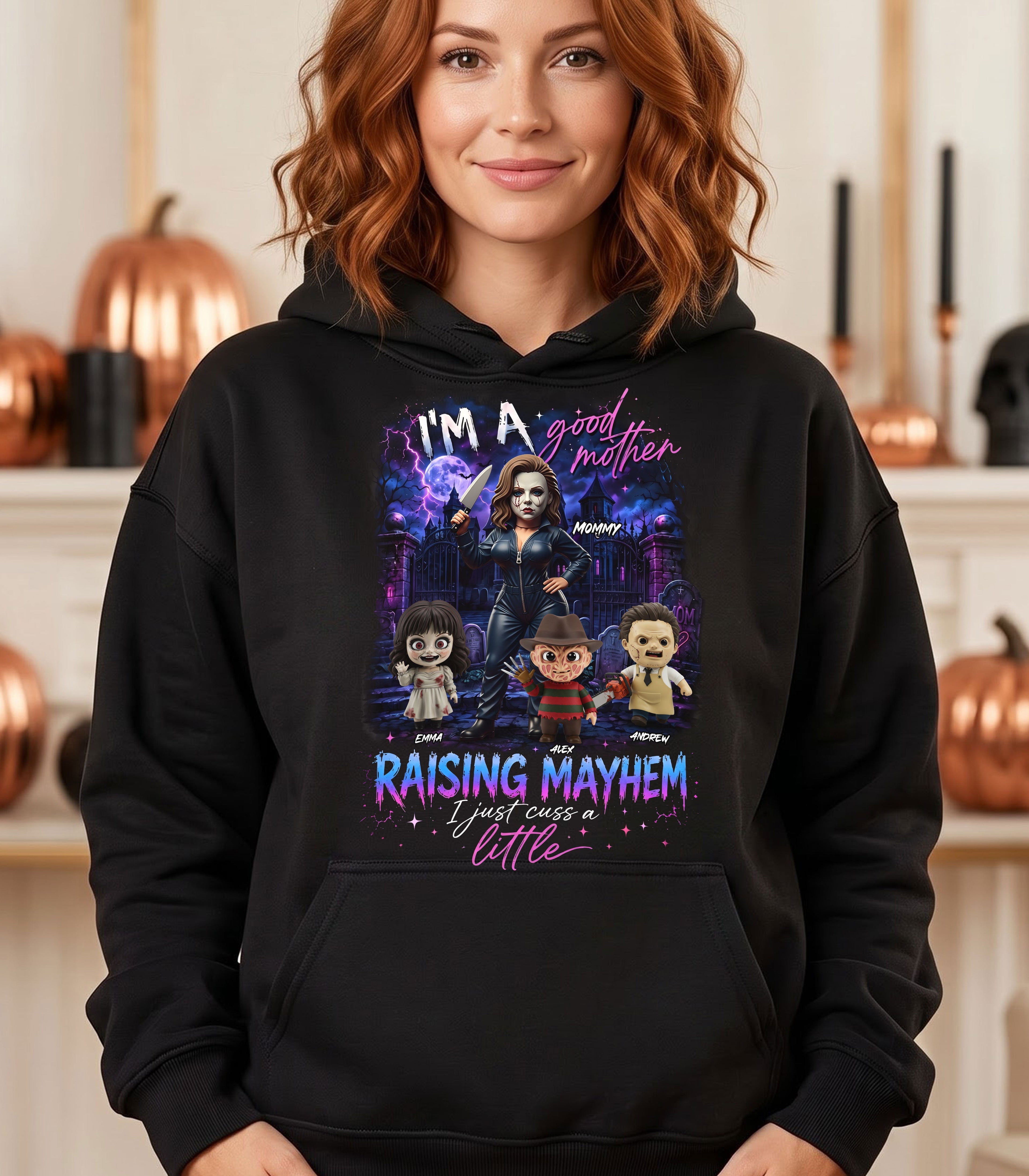 Personalized Halloween Shirt for Mom Raising Mayhem Characters Gift Cotton Apparel GradoCreations