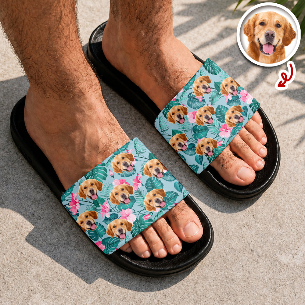 Personalized Pet Face Hawaiian Slide Sandals Gift for Dog/Cat Lovers HN590 - Slide Sandals GradoCreations