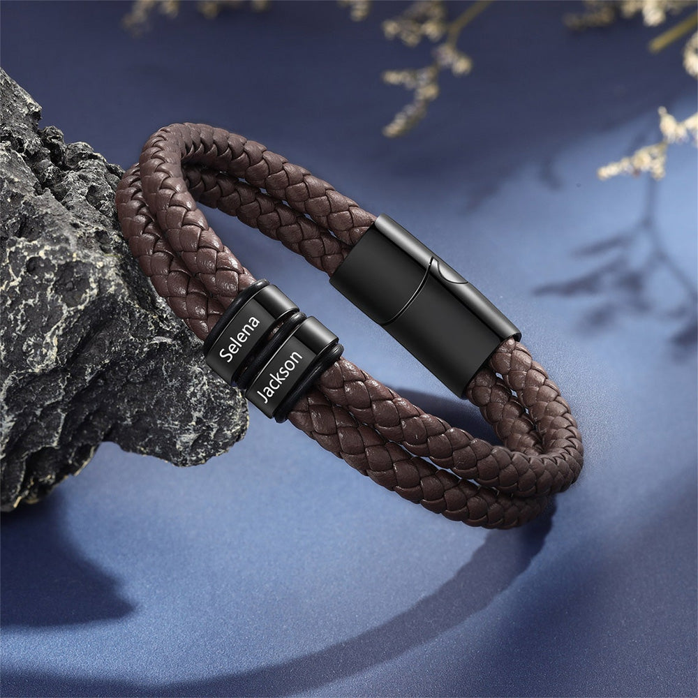 Personalized Leather Bracelet with Engraved Kid Names Gift for Dad HN590 - Leather Bracelet fix GradoCreations