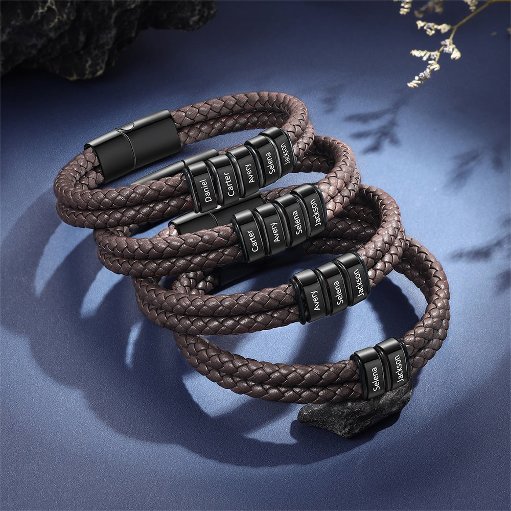 Personalized Leather Bracelet with Engraved Kid Names Gift for Dad HN590 - Leather Bracelet fix GradoCreations