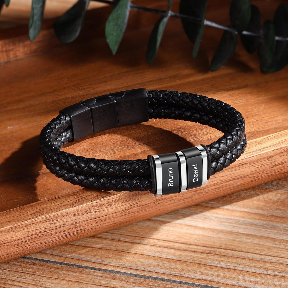 Personalized Leather Bracelet with Engraved Kid Names Gift for Dad HN590 - Leather Bracelet fix GradoCreations