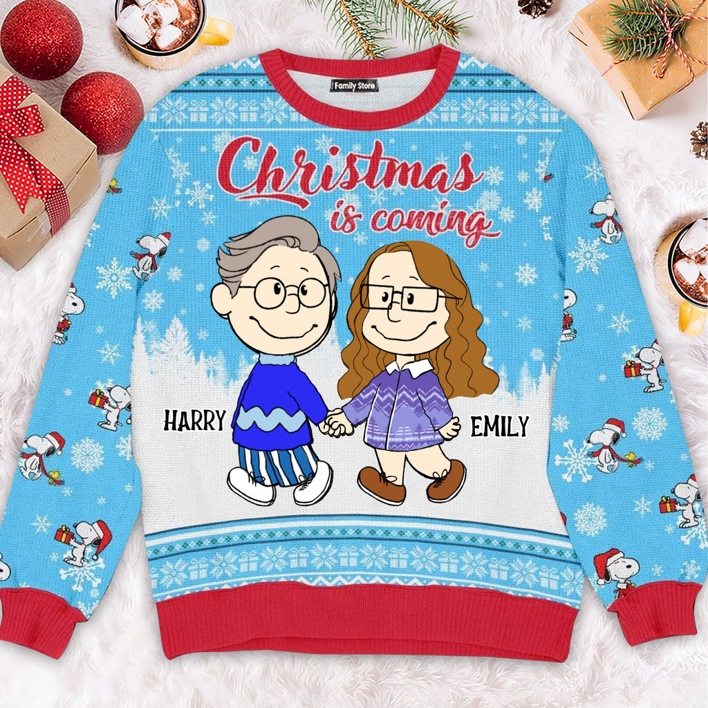 Personalized Peanut Ugly Christmas Sweatshirt for Couples - Custom Name Gift for Husband and Wife