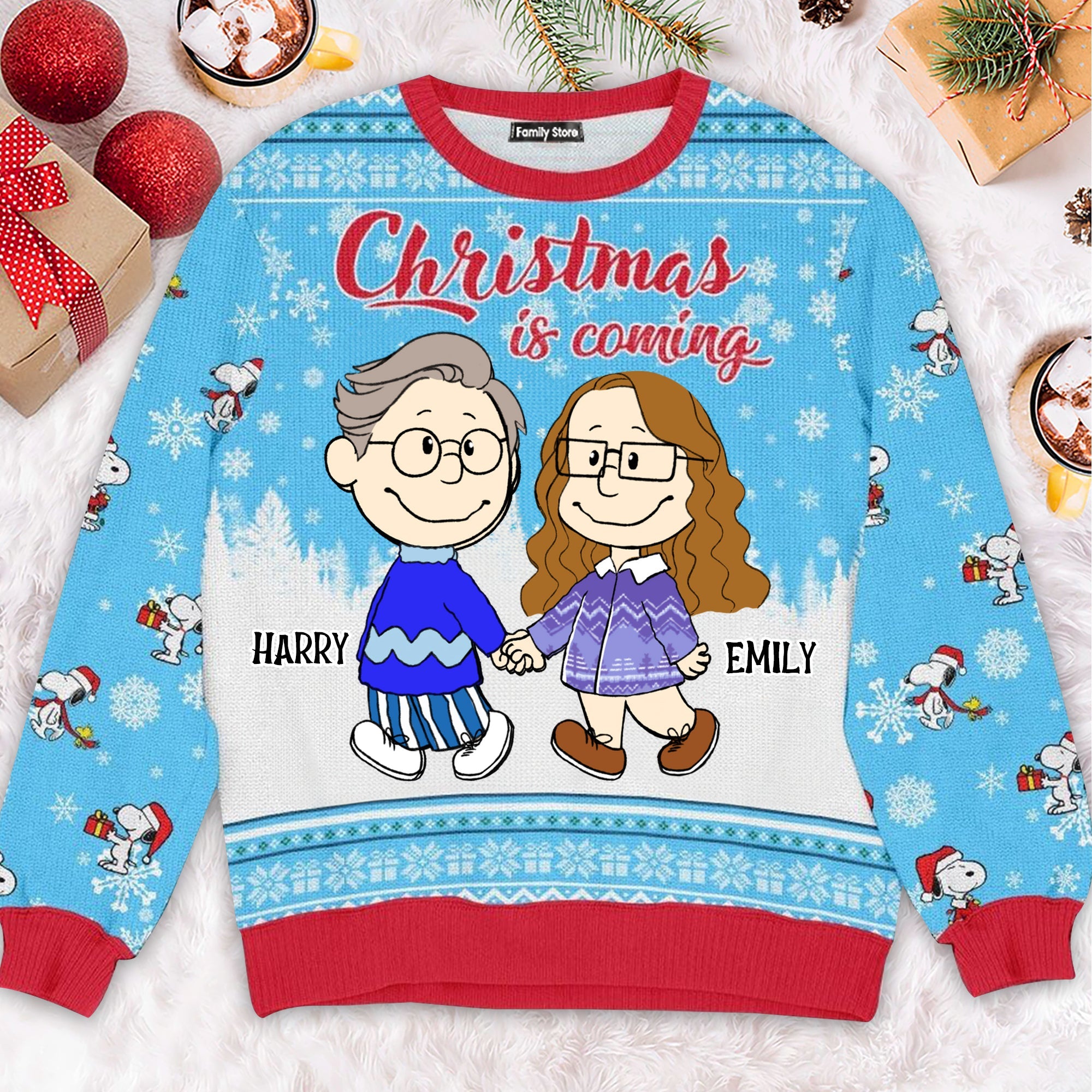 Personalized Peanut Ugly Christmas Sweatshirt for Couples - Custom Name Gift for Husband and Wife