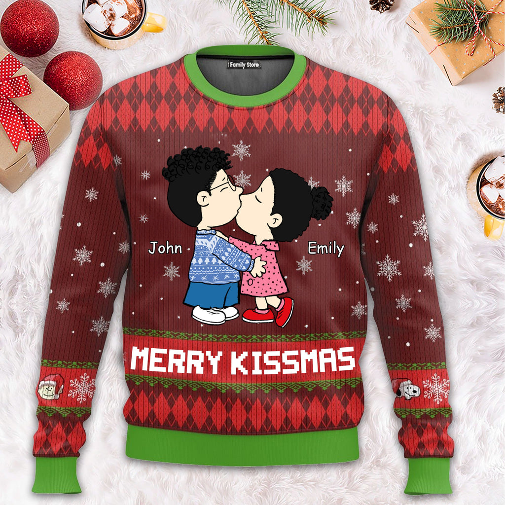 Personalized Merry Kissmas Ugly Sweater Custom Couple Gift