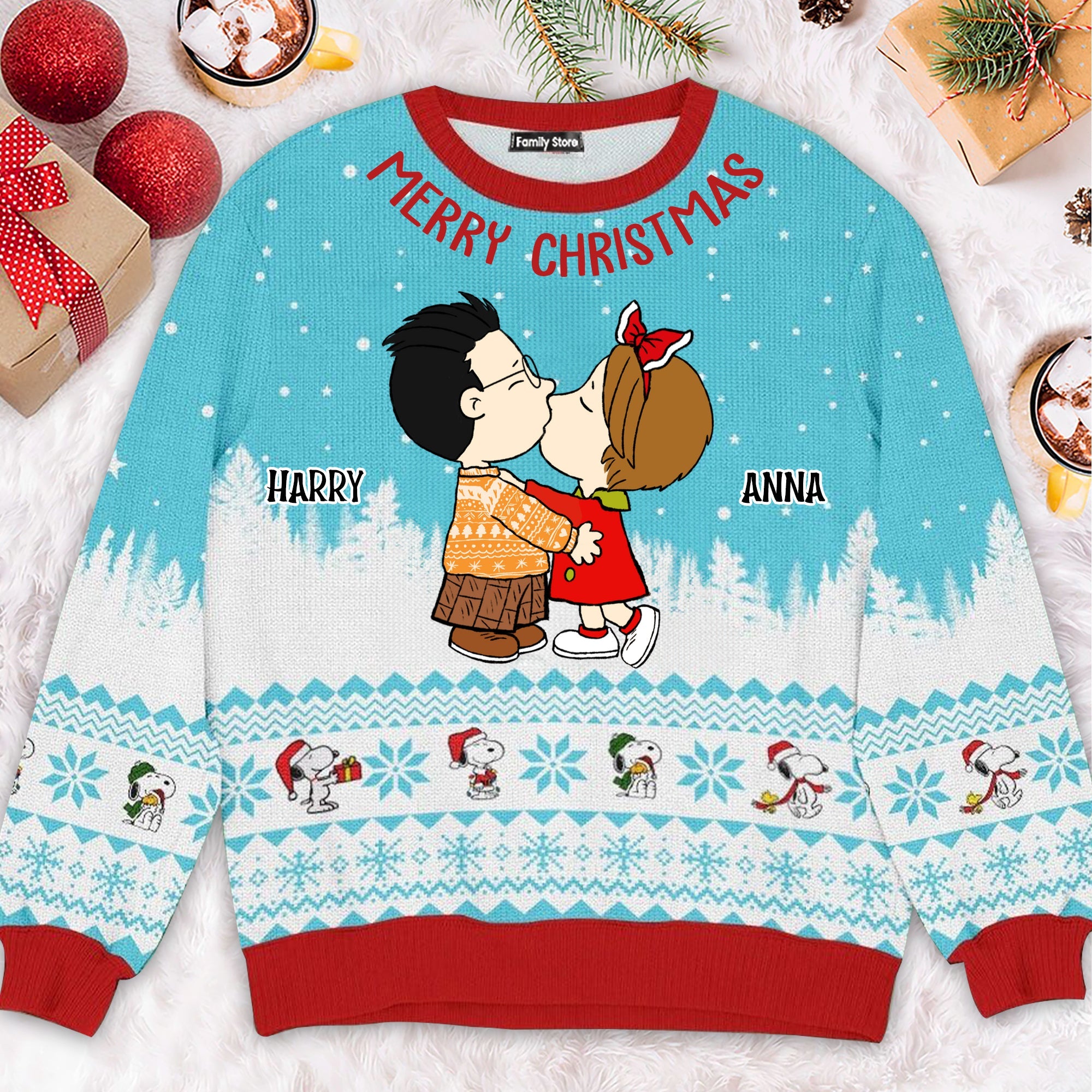 Personalized Ugly Christmas Sweater for Couples - Peanuts Design