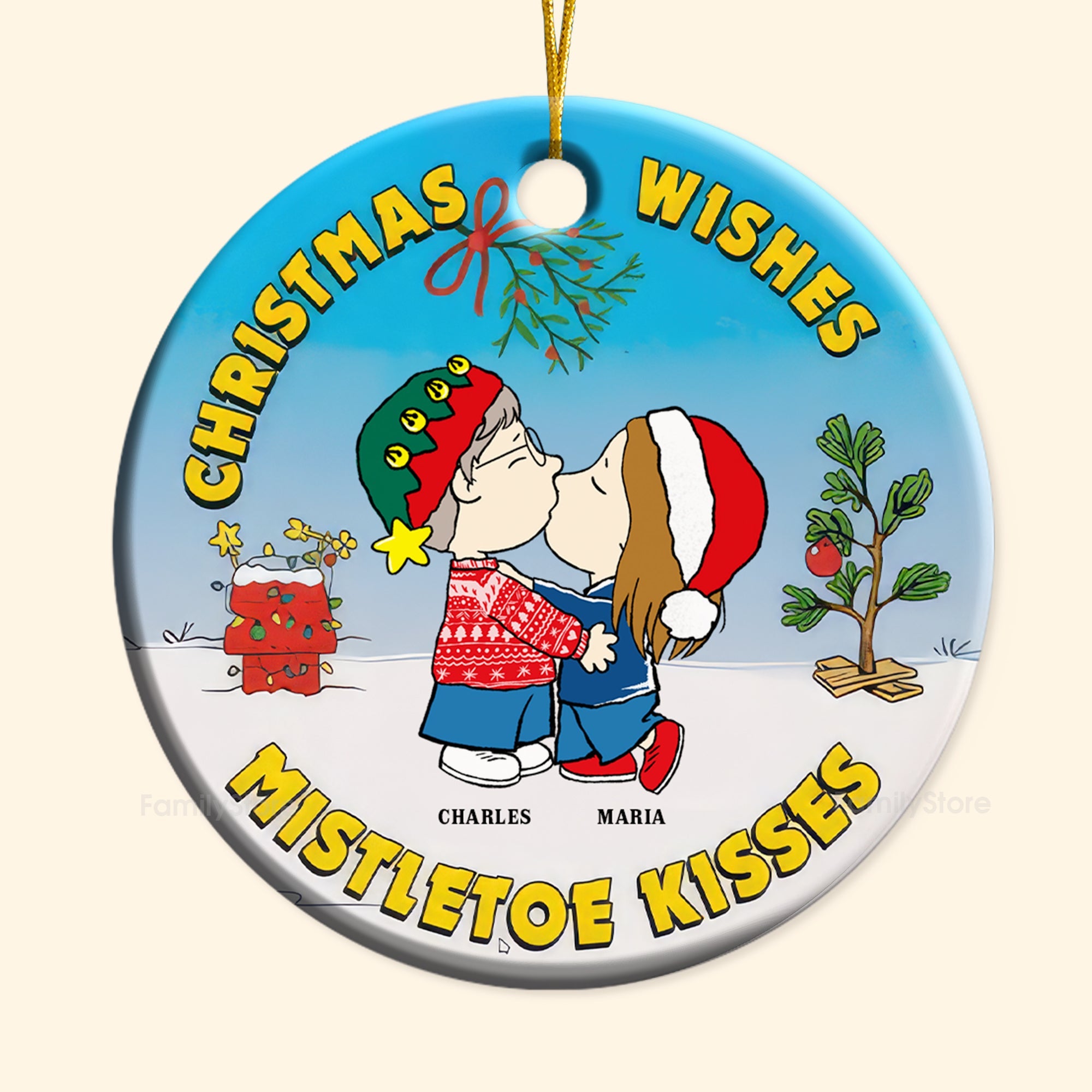 Personalized Ceramic Christmas Ornament Mistletoe Kisses Gift for Couple