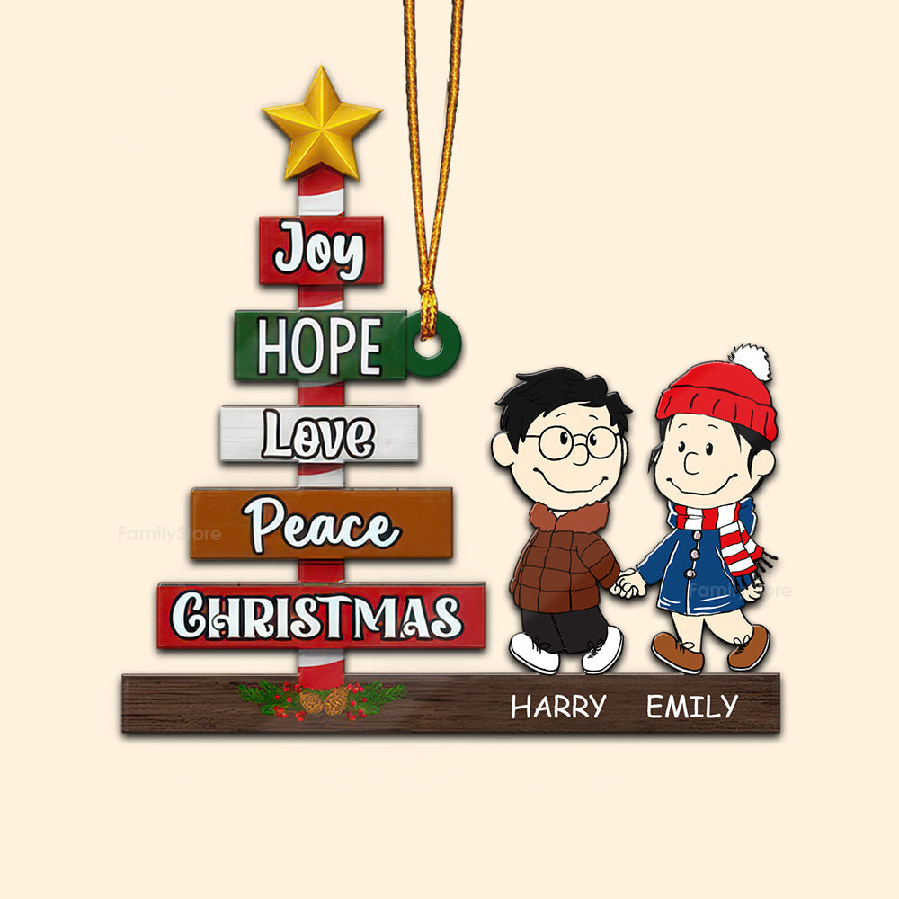 Personalized Wood Christmas Ornament for Couples - Joy Hope Love Peace Gift