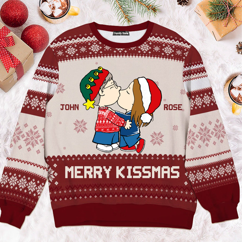 Personalized Merry Kissmas Ugly Sweater Custom Couple Gift