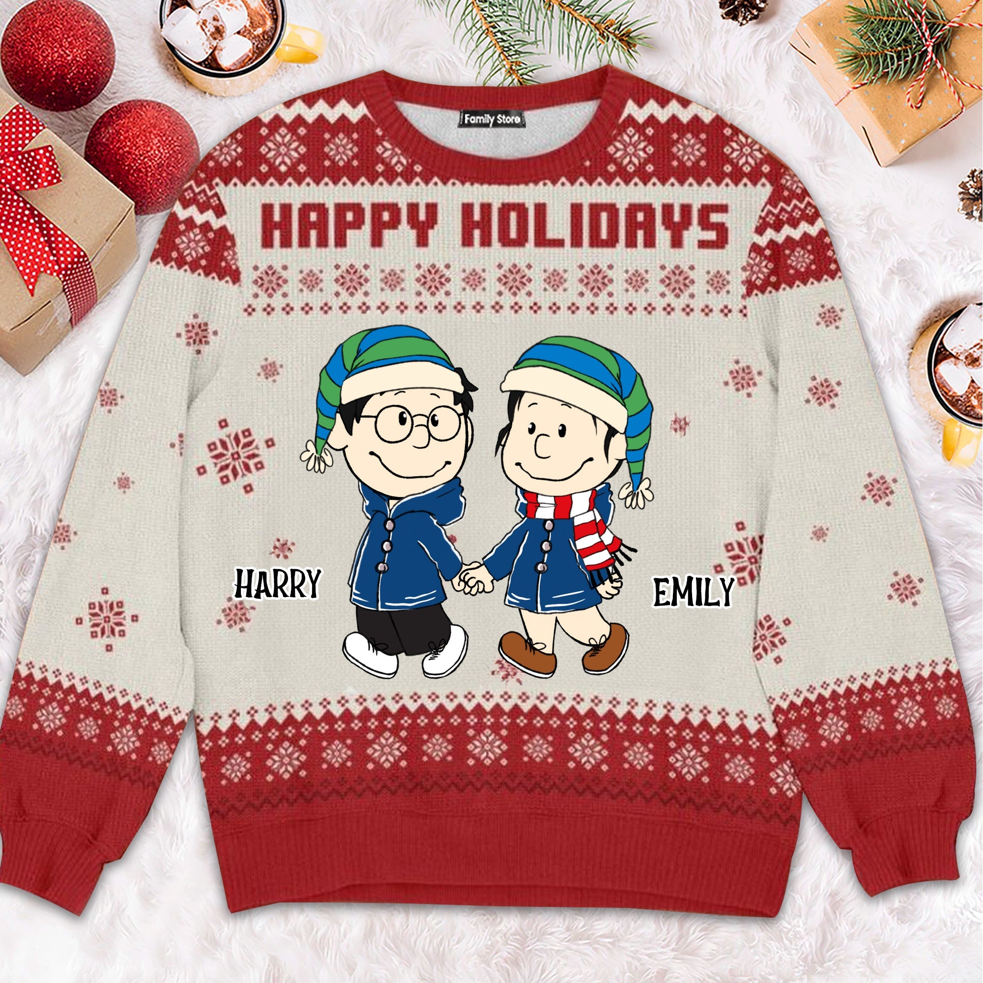 Personalized Peanut Happy Holidays Ugly Sweater for Couples Gift