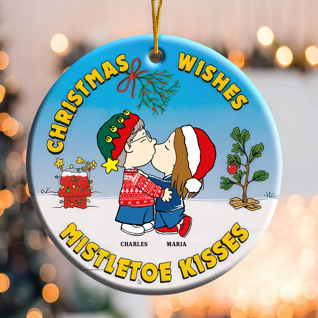 Personalized Ceramic Christmas Ornament Mistletoe Kisses Gift for Couple
