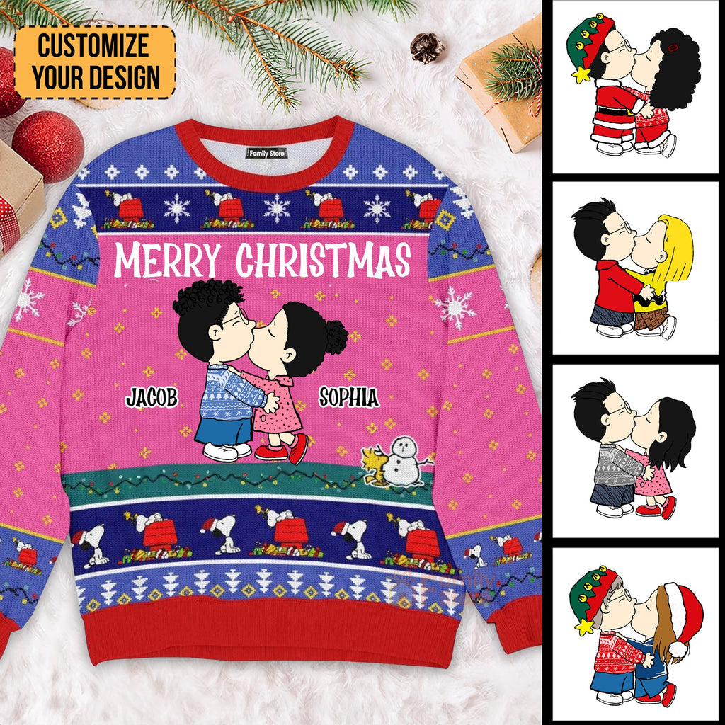 Personalized Peanut Snoopy Ugly Sweater Custom Names Couple Gift