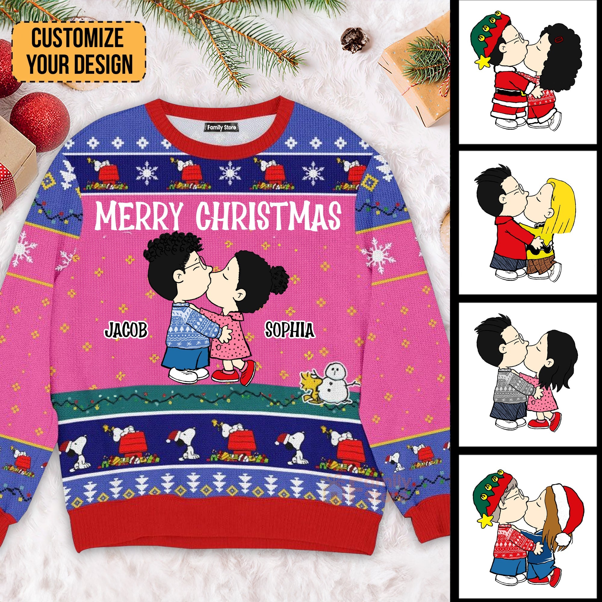 Personalized Peanut Snoopy Ugly Sweater Custom Names Couple Gift