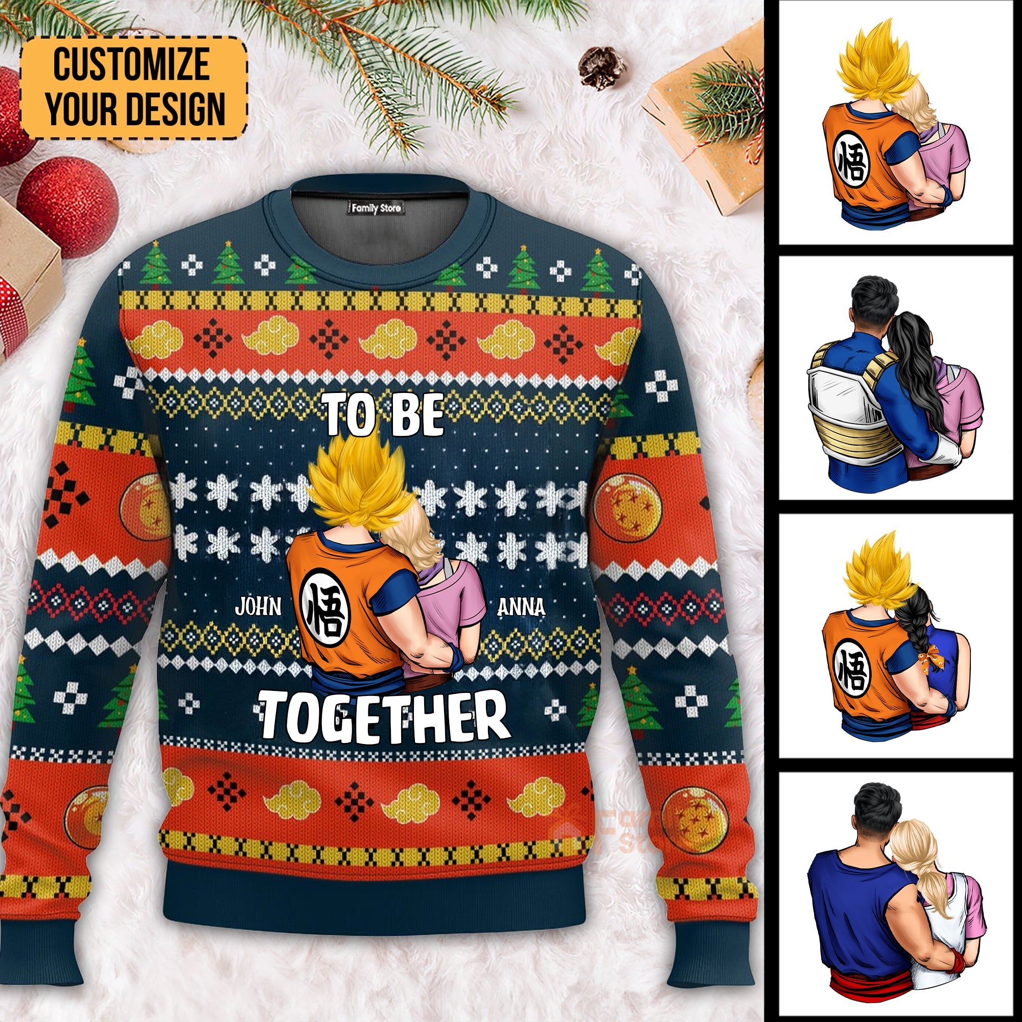 Personalized Cartoon Couple Ugly Sweater Custom Name Gift