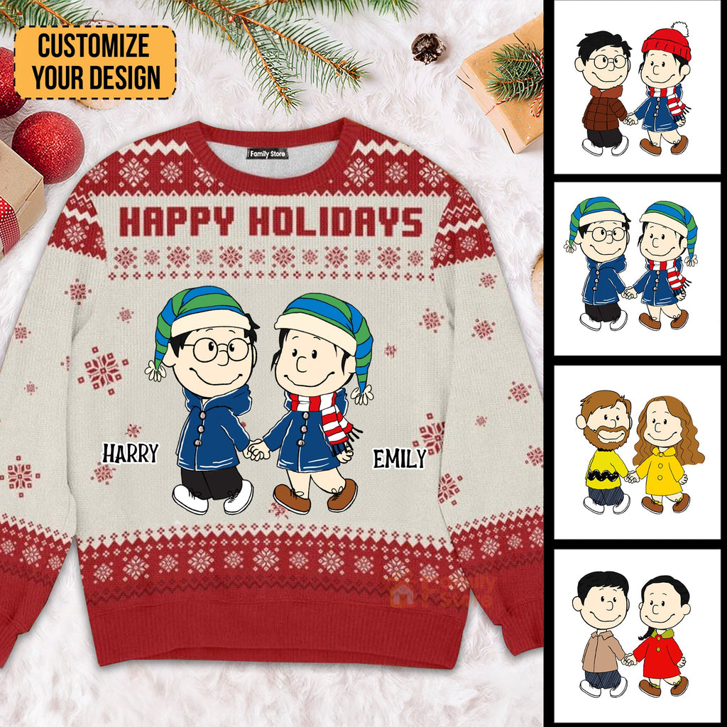 Personalized Peanut Happy Holidays Ugly Sweater for Couples Gift