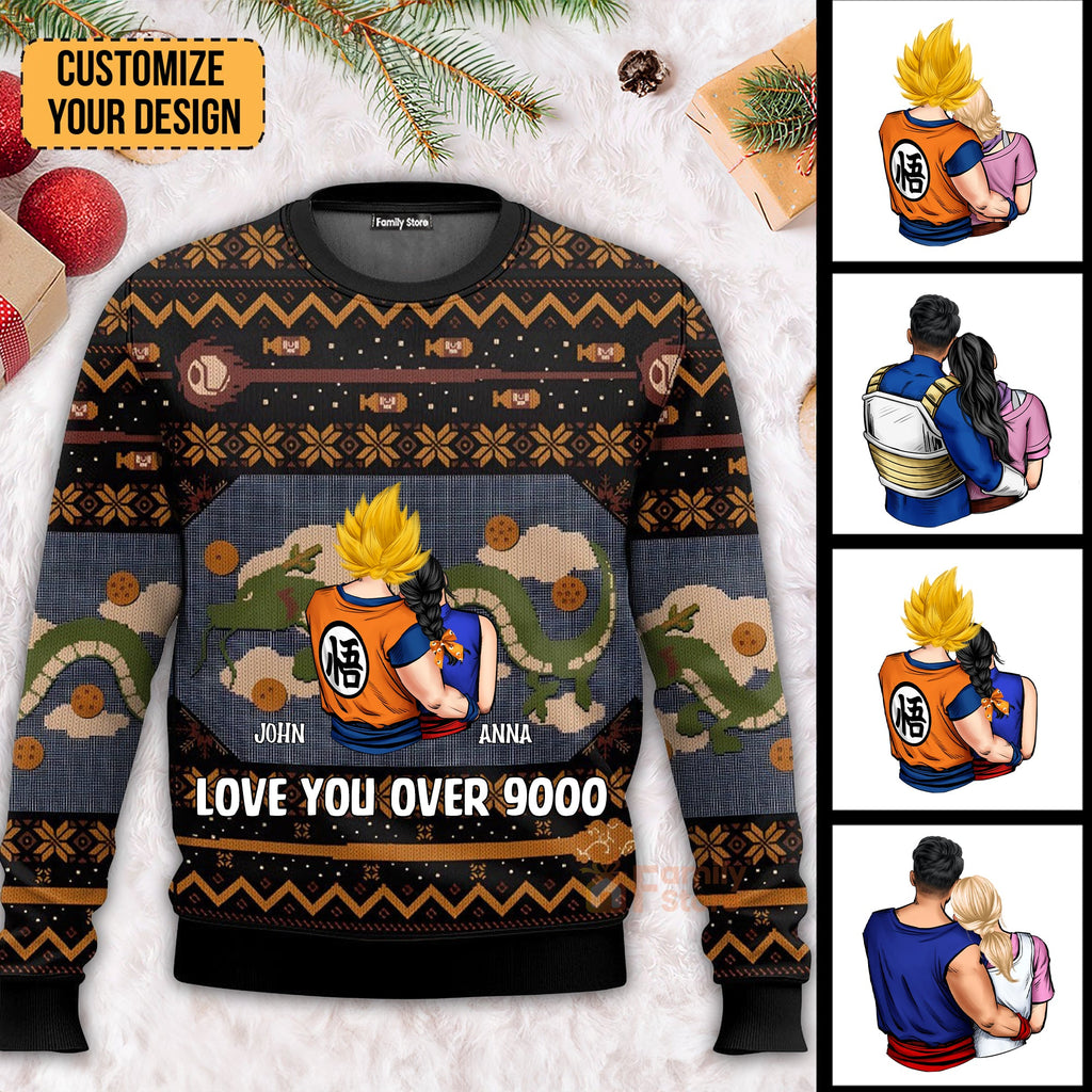Personalized Love You Over 9000 Ugly Sweater for Couples