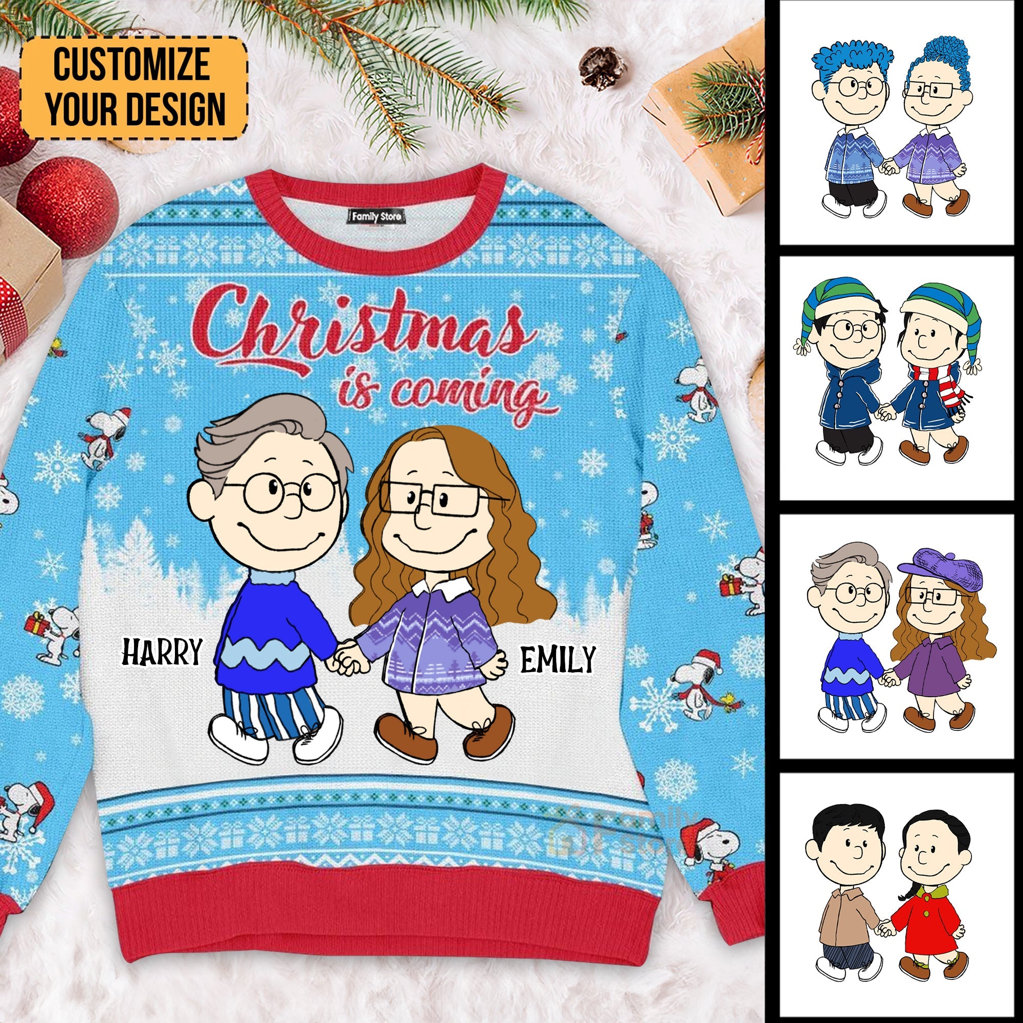 Personalized Peanut Ugly Christmas Sweatshirt for Couples - Custom Name Gift for Husband and Wife