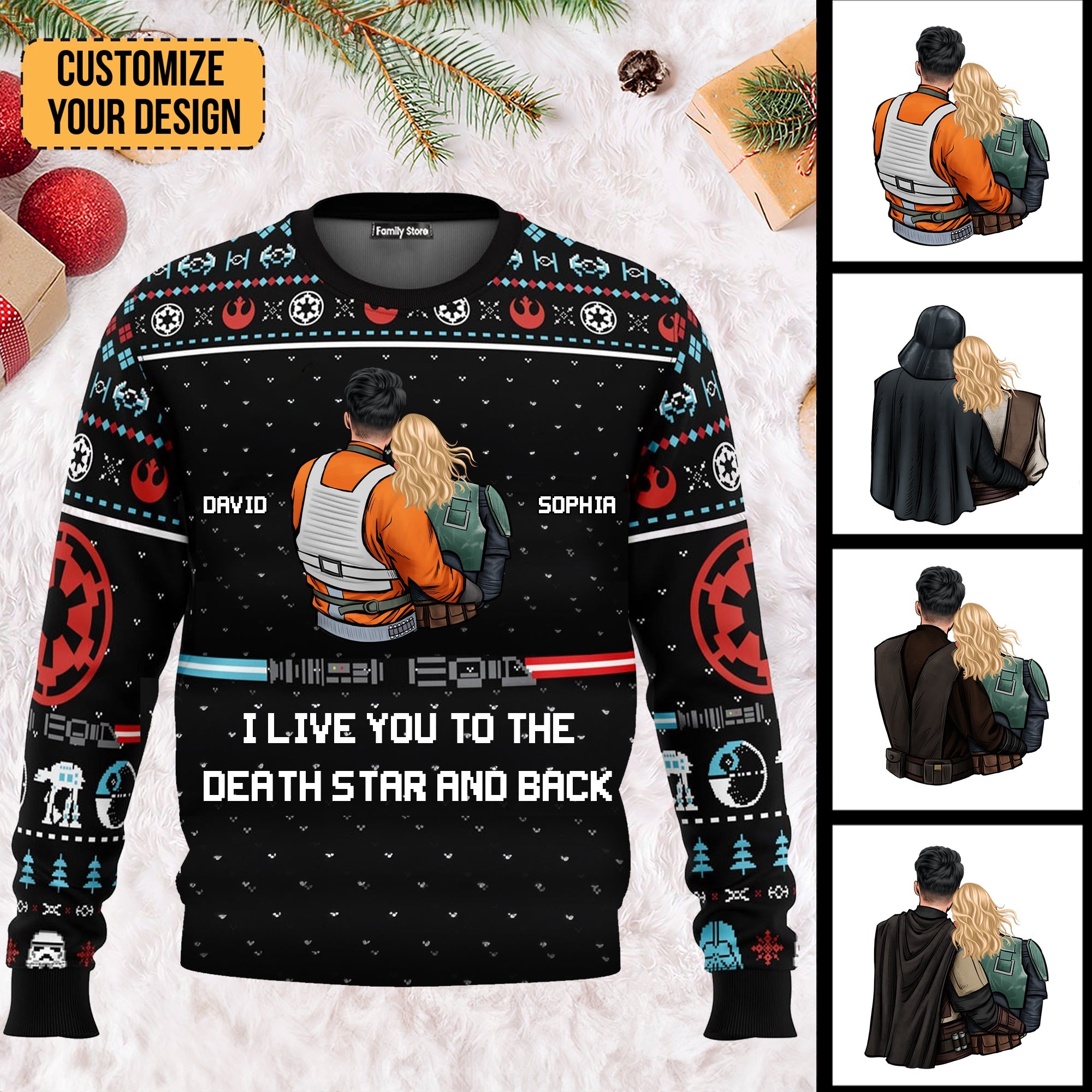 Personalized Ugly Sweater Gift for Couple - I Love You to the Death Star and Back