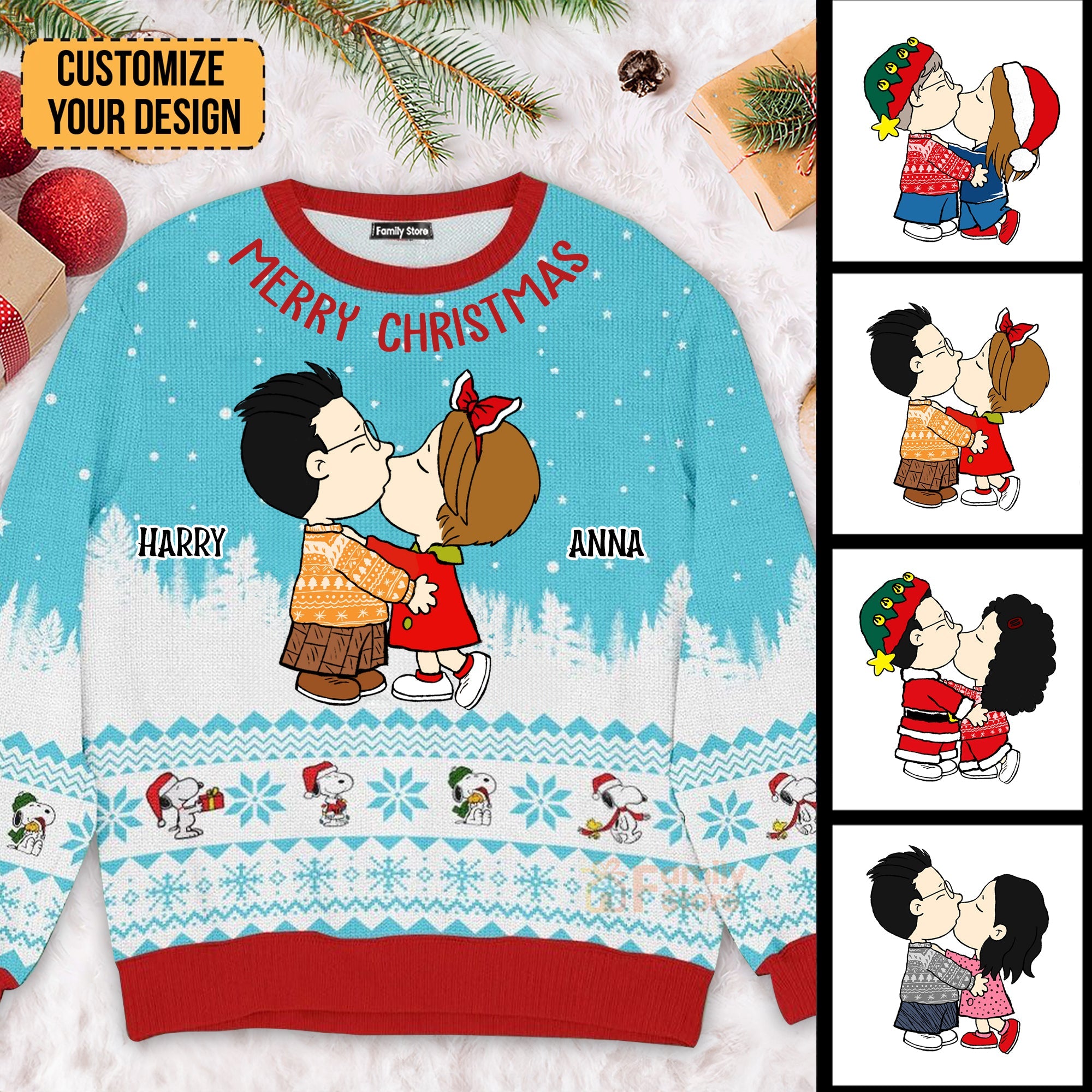 Personalized Ugly Christmas Sweater for Couples - Peanuts Design