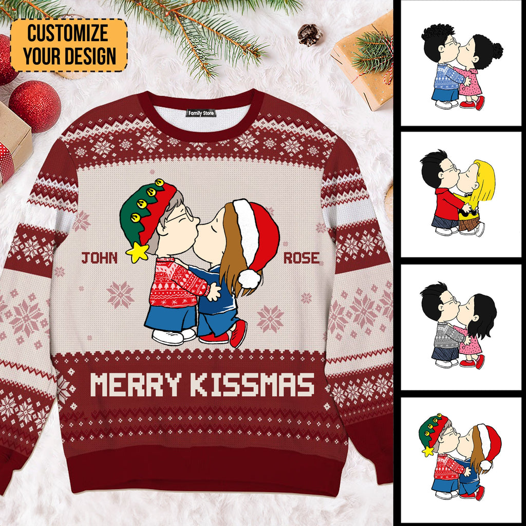 Personalized Merry Kissmas Ugly Sweater Custom Couple Gift