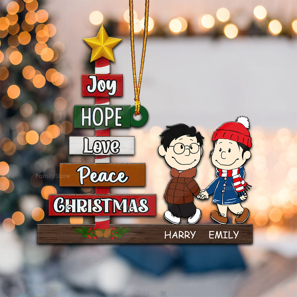 Personalized Wood Christmas Ornament for Couples - Joy Hope Love Peace Gift