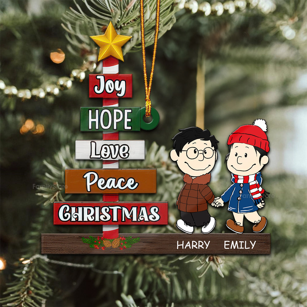 Personalized Wood Christmas Ornament for Couples - Joy Hope Love Peace Gift